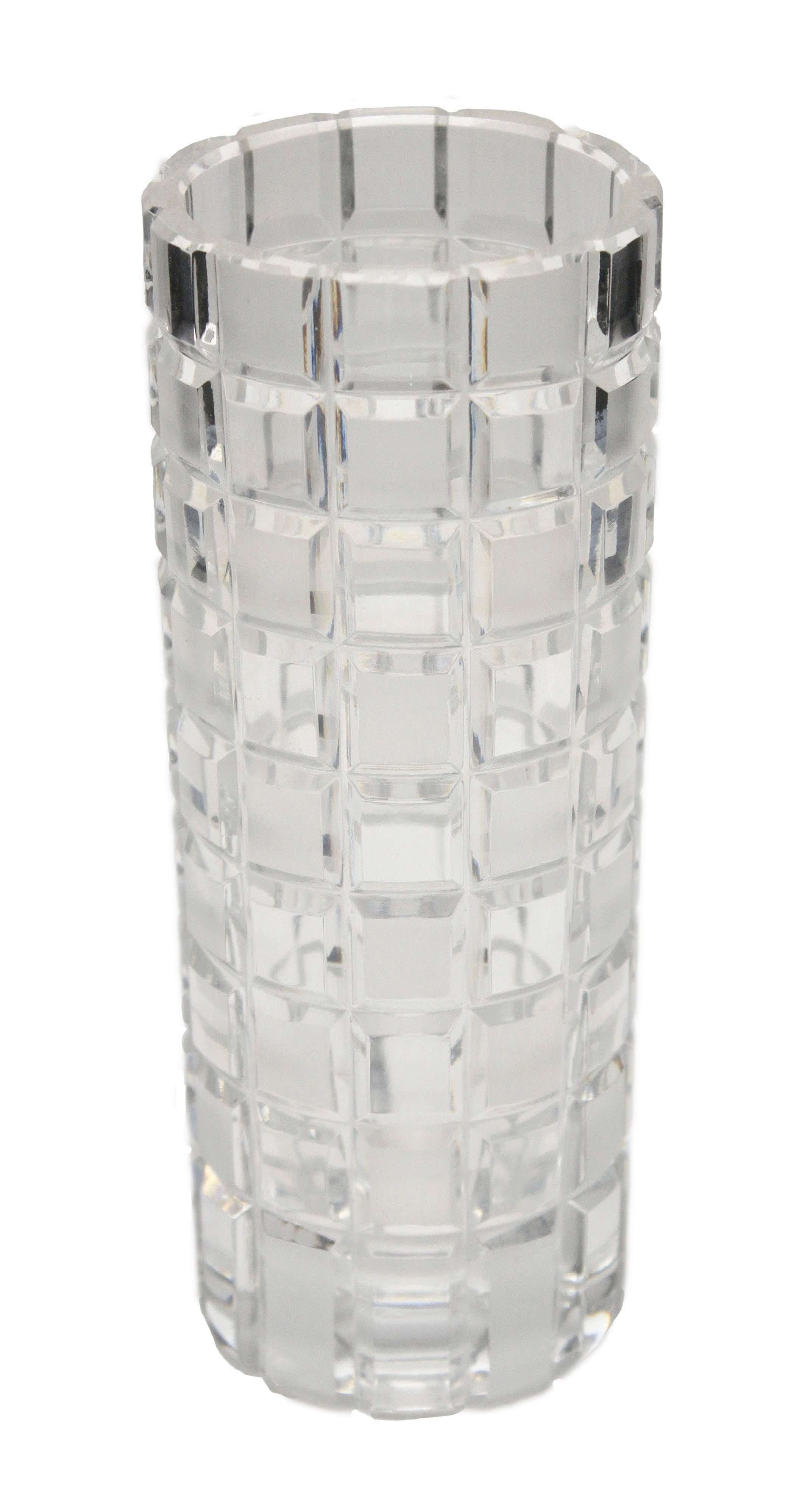 Faceted Hand Cut Set Art Deco Crystal Vases, with Geometic Block Pattern