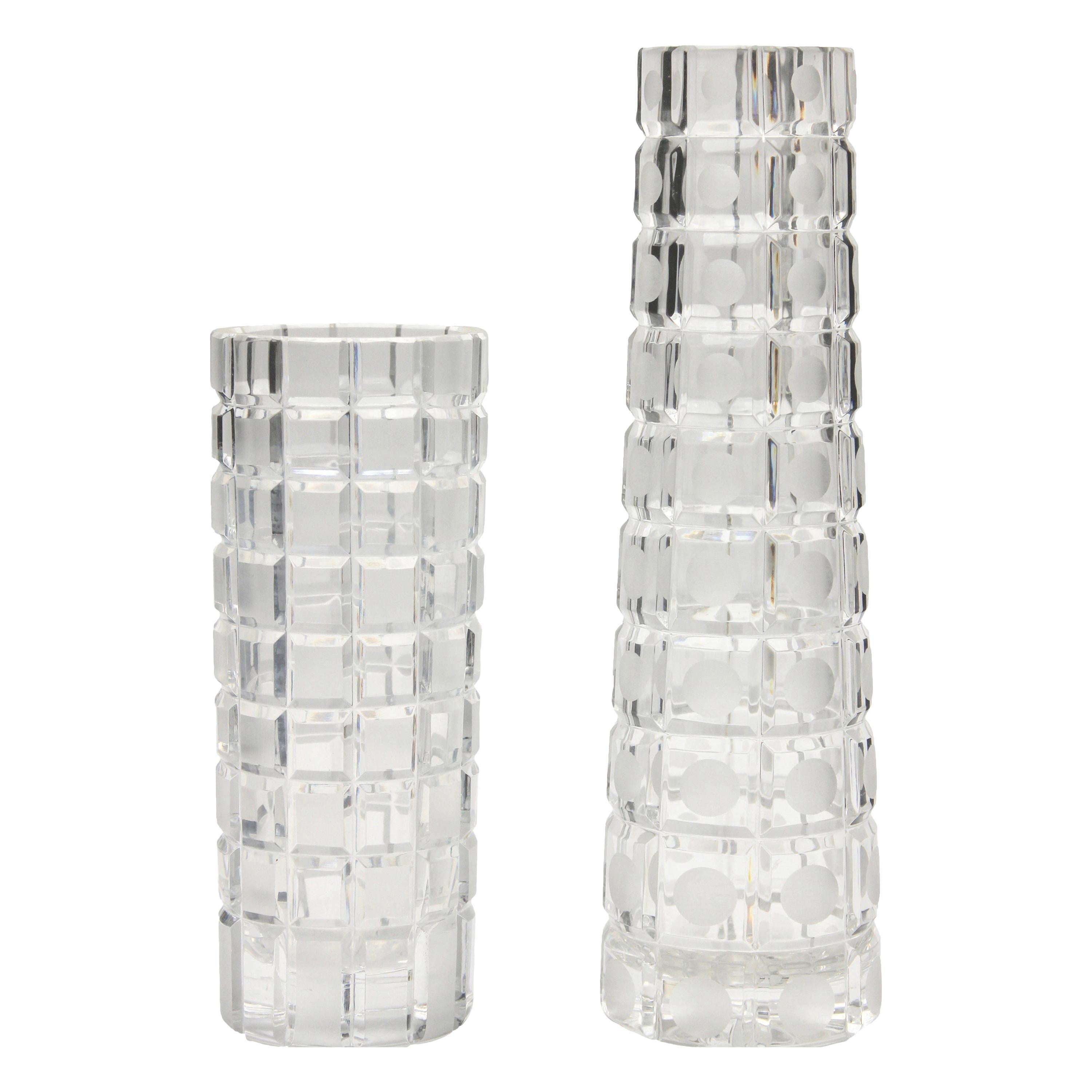 Hand Cut Set Art Deco Crystal Vases, with Geometic Block Pattern