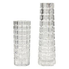 Hand Cut Set Art Deco Crystal Vases, with Geometic Block Pattern