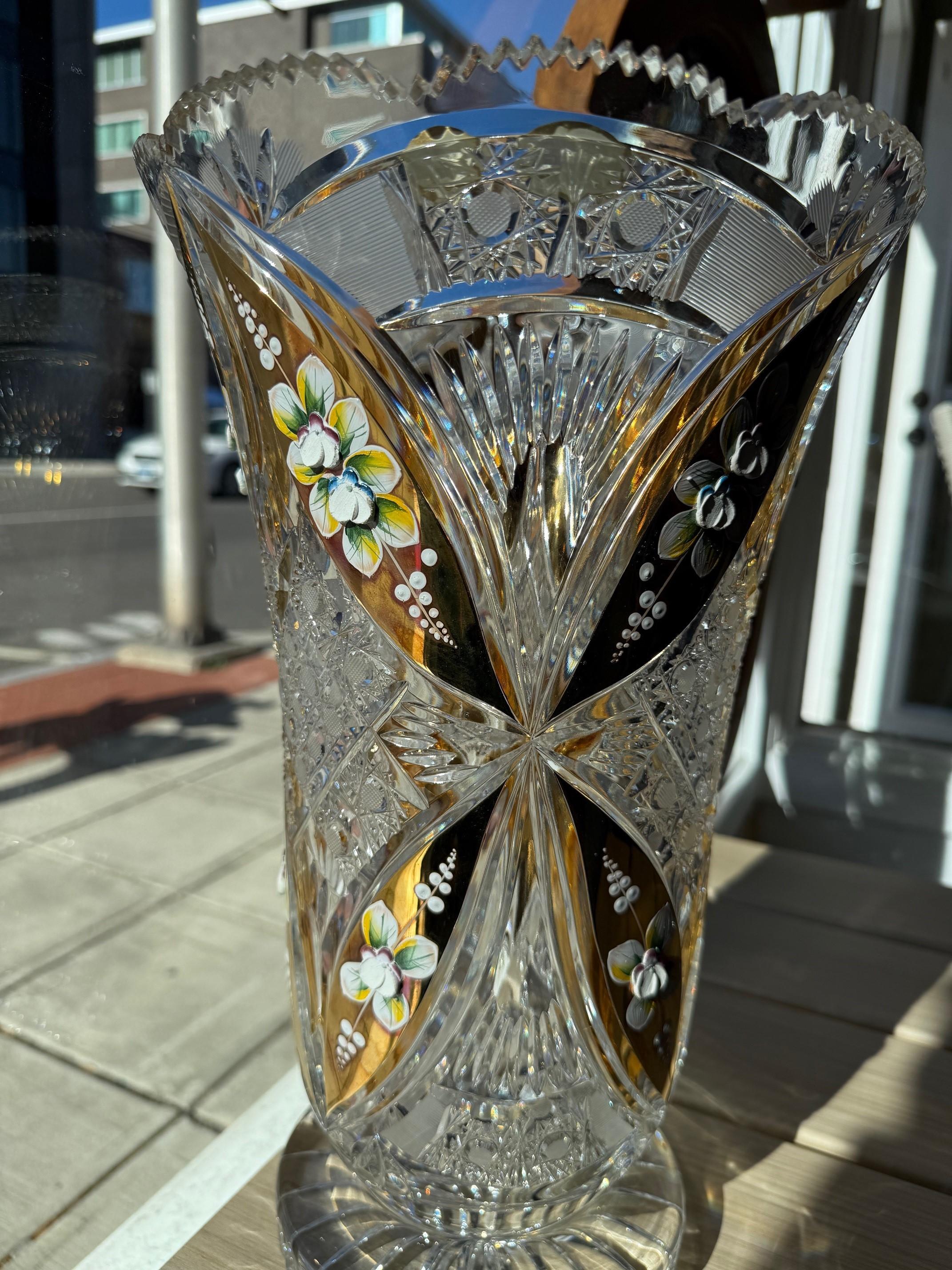 Hand Cut Tom Bohemia Crystal Vase with Porcelain Flowers 9