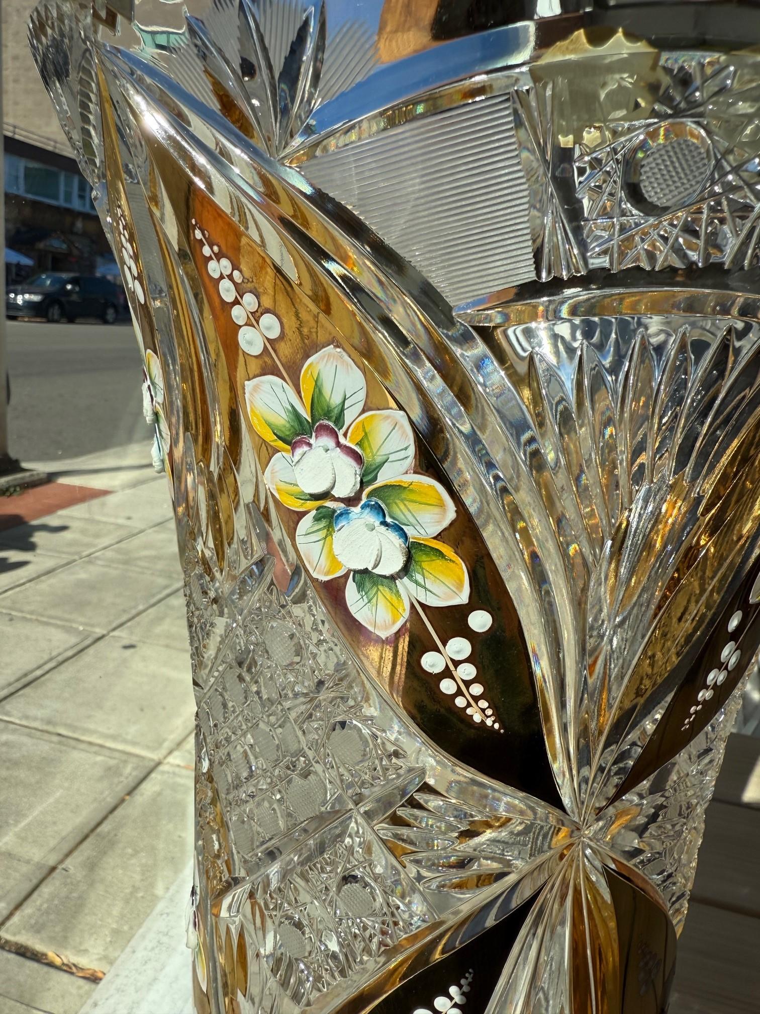 Hand Cut Tom Bohemia Crystal Vase with Porcelain Flowers 10