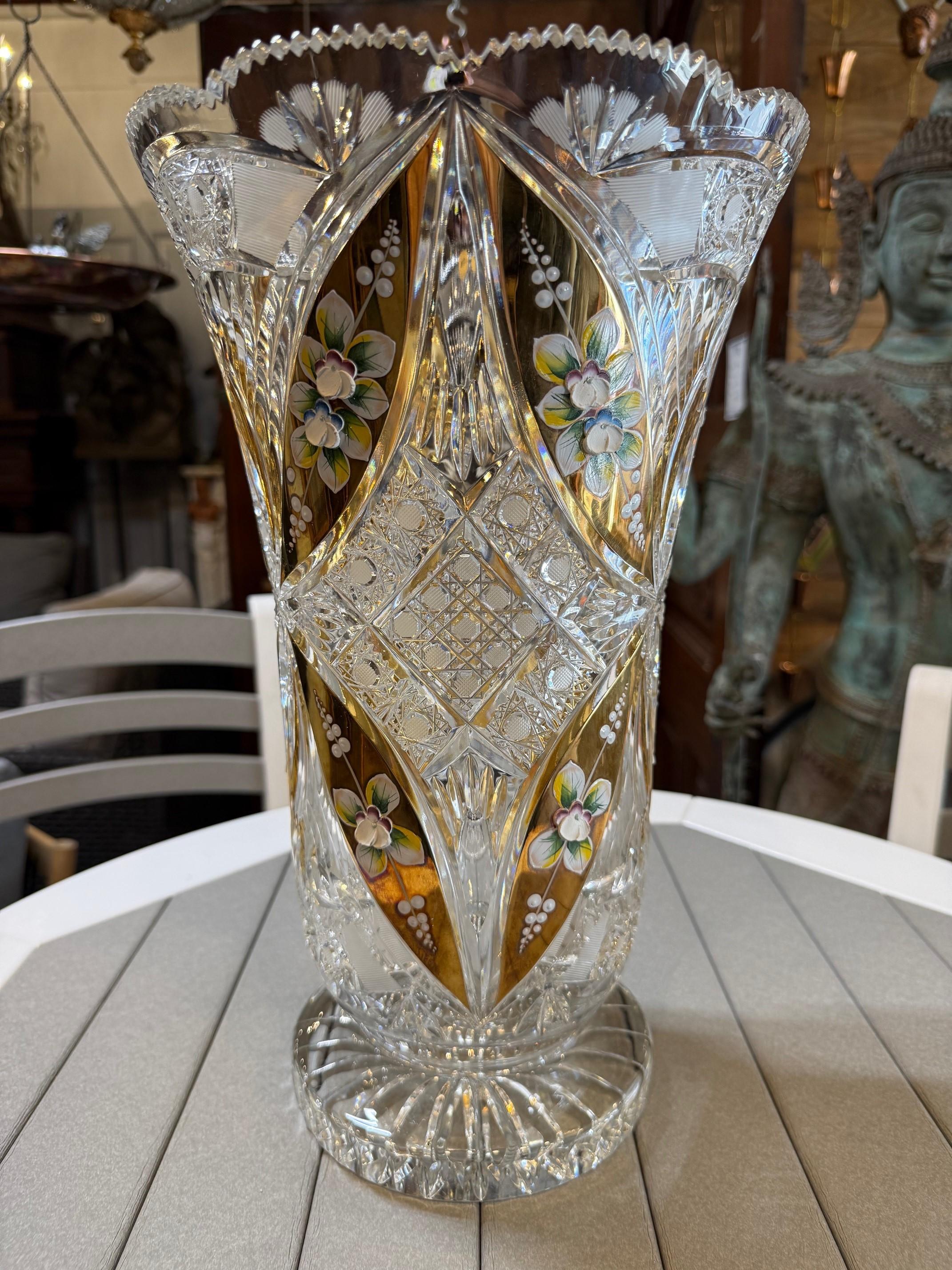 Czech Hand Cut Tom Bohemia Crystal Vase with Porcelain Flowers