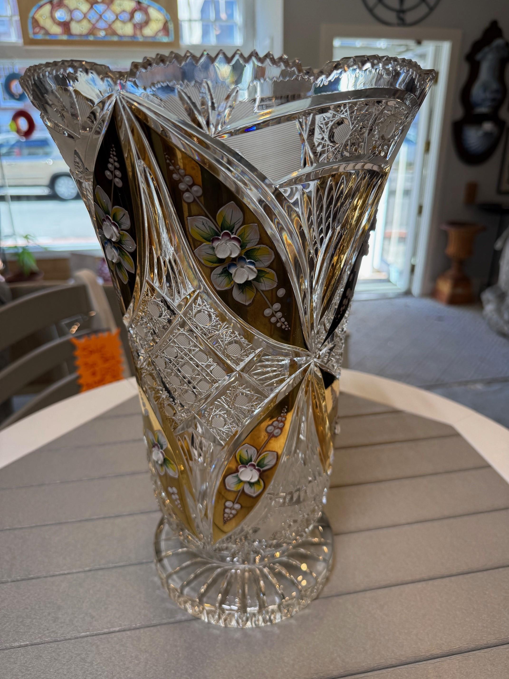 Hand Cut Tom Bohemia Crystal Vase with Porcelain Flowers In Good Condition In Stamford, CT