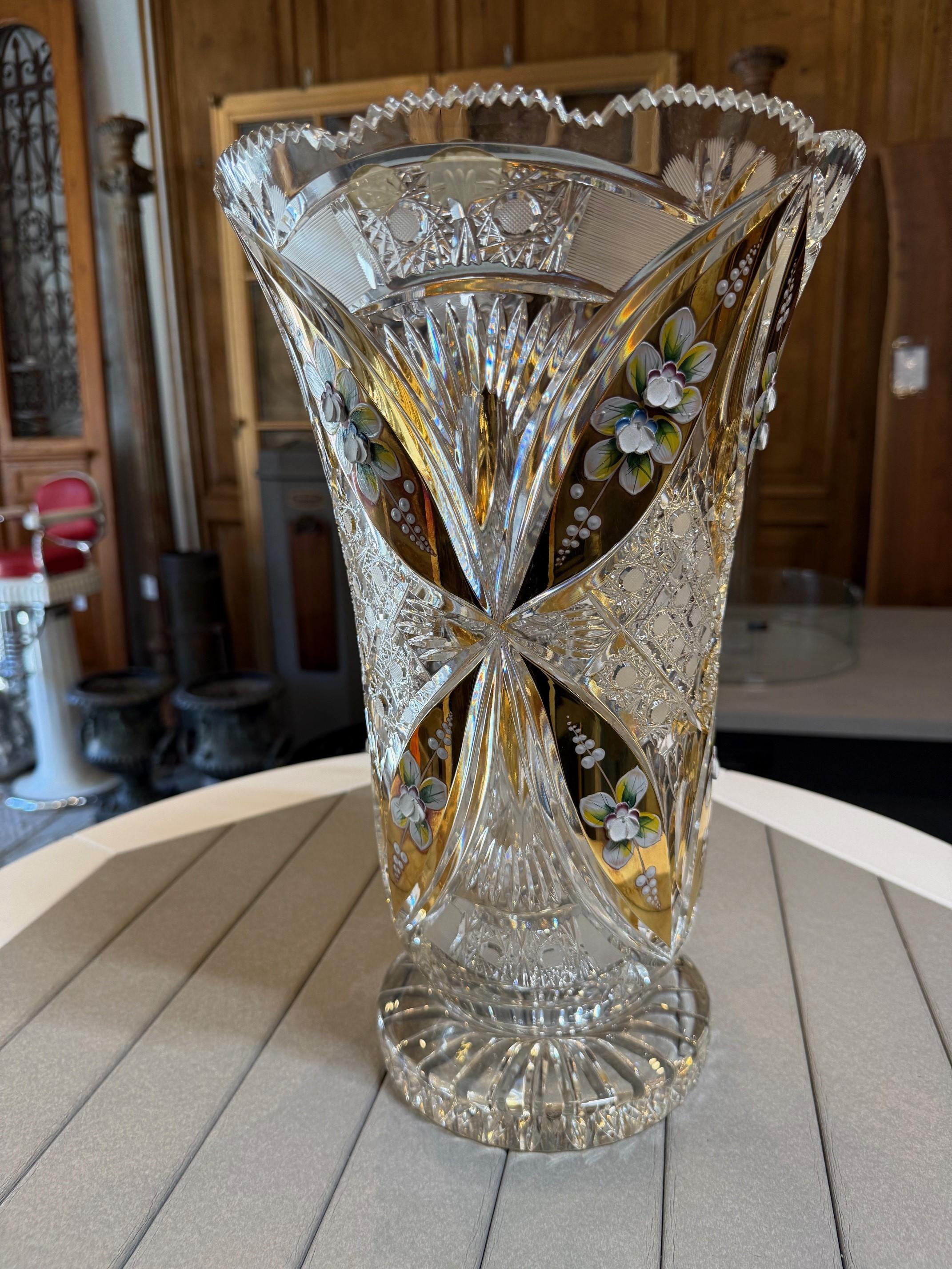 Contemporary Hand Cut Tom Bohemia Crystal Vase with Porcelain Flowers