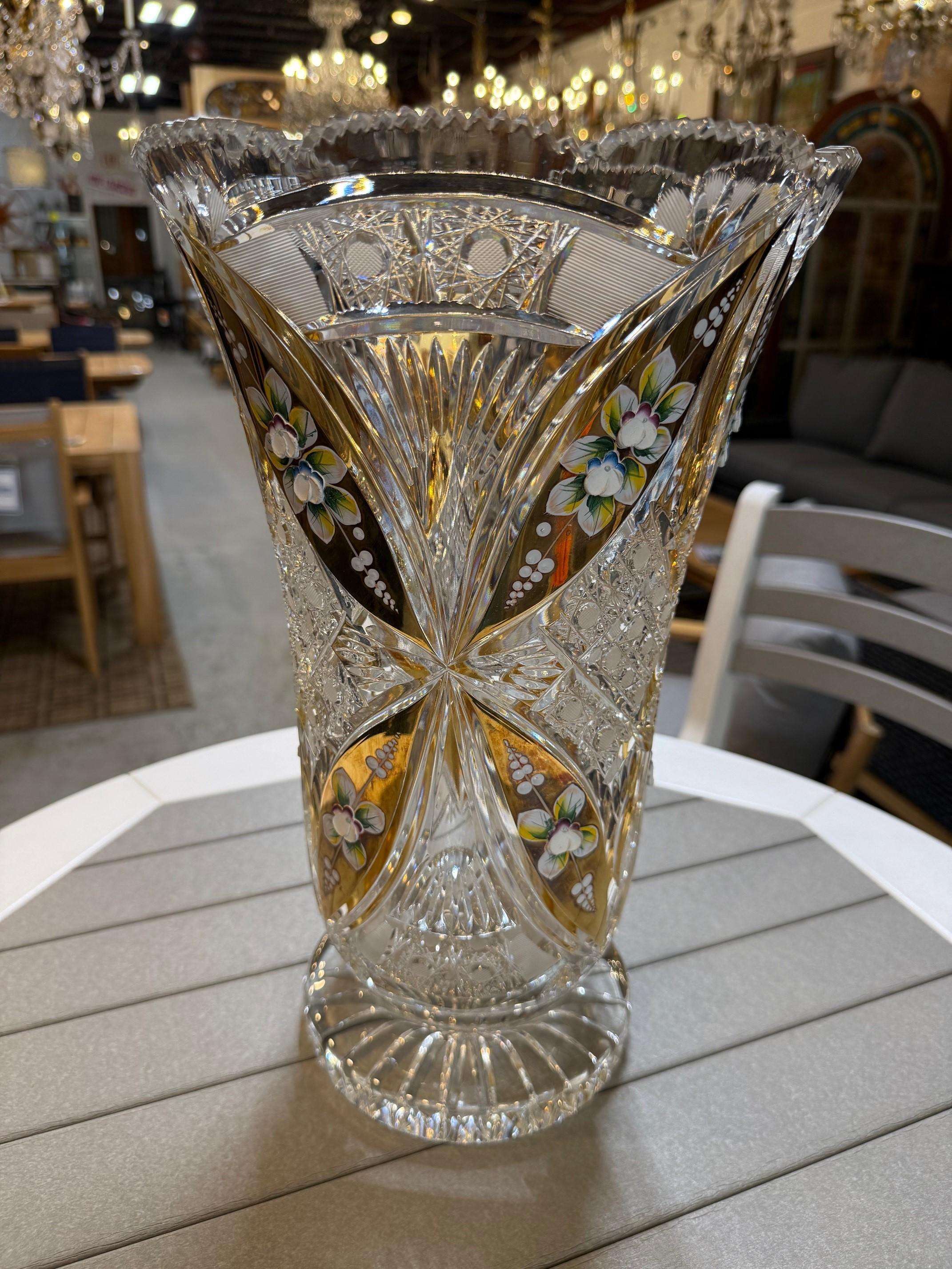 Hand Cut Tom Bohemia Crystal Vase with Porcelain Flowers 1