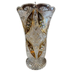 Hand Cut Tom Bohemia Crystal Vase with Porcelain Flowers