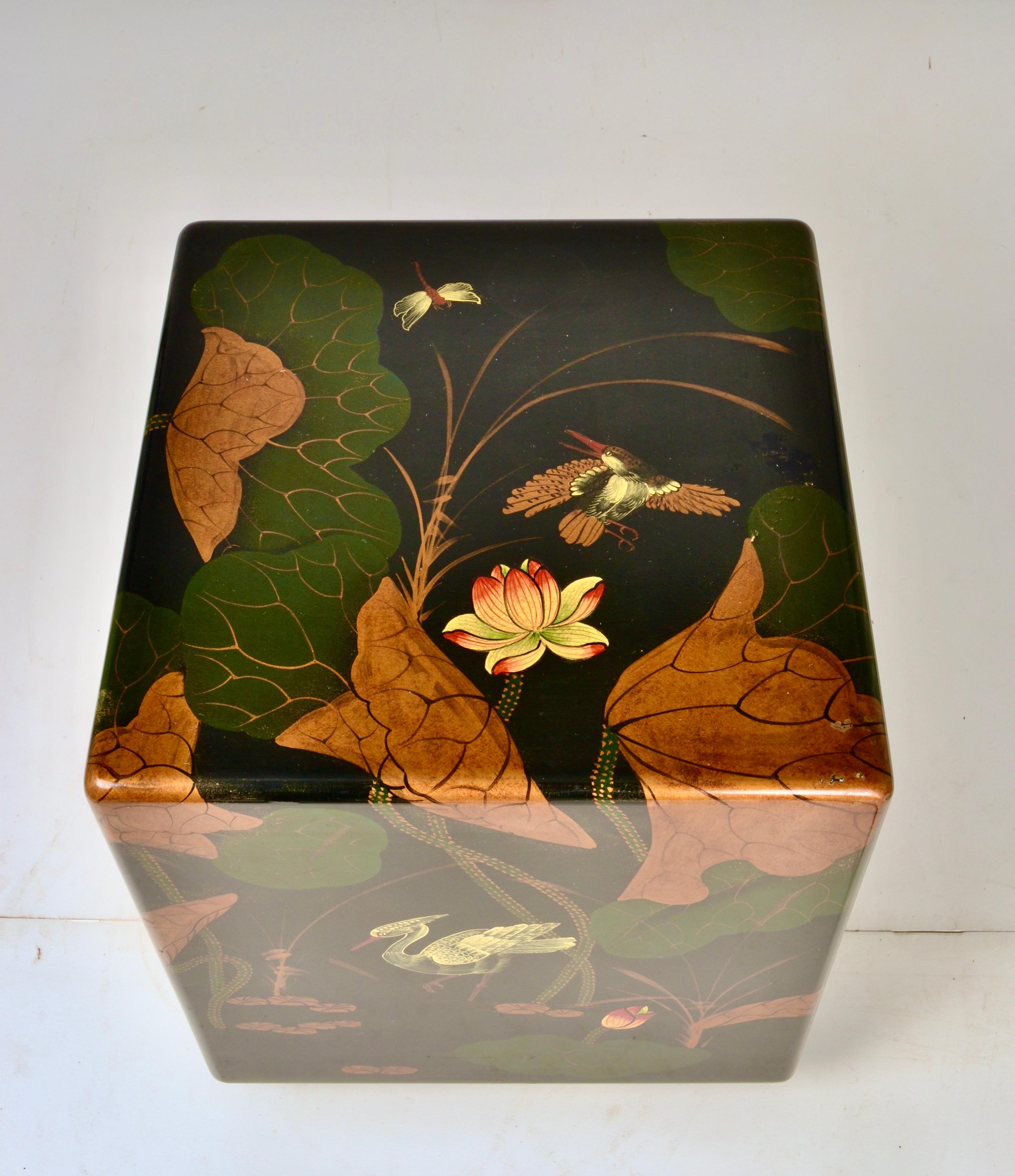 Striking chinoiserie decoration on this simple cube-form table. Great colors with gold touches. 