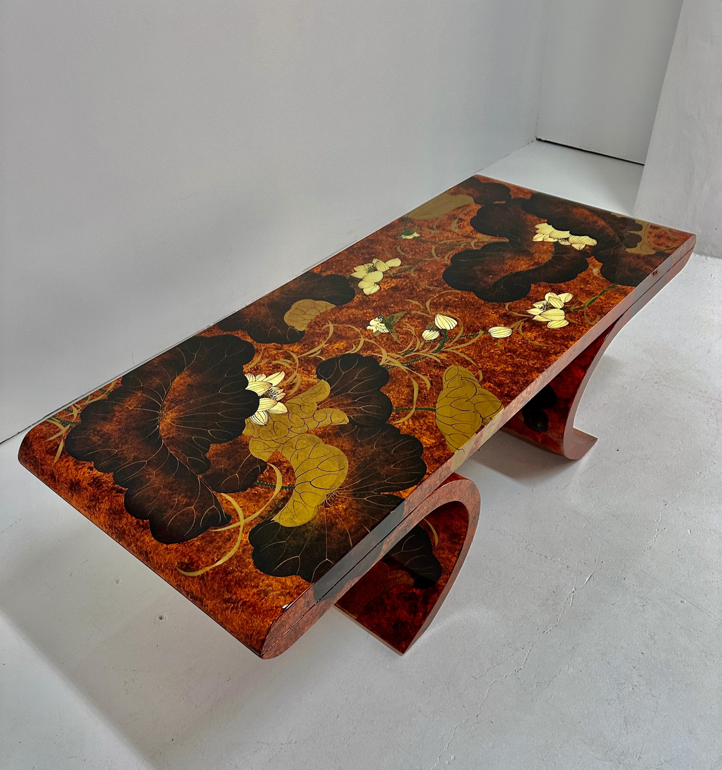 Unknown Hand Decorated Lacquer on Wood Cocktail Table, c 1980s For Sale