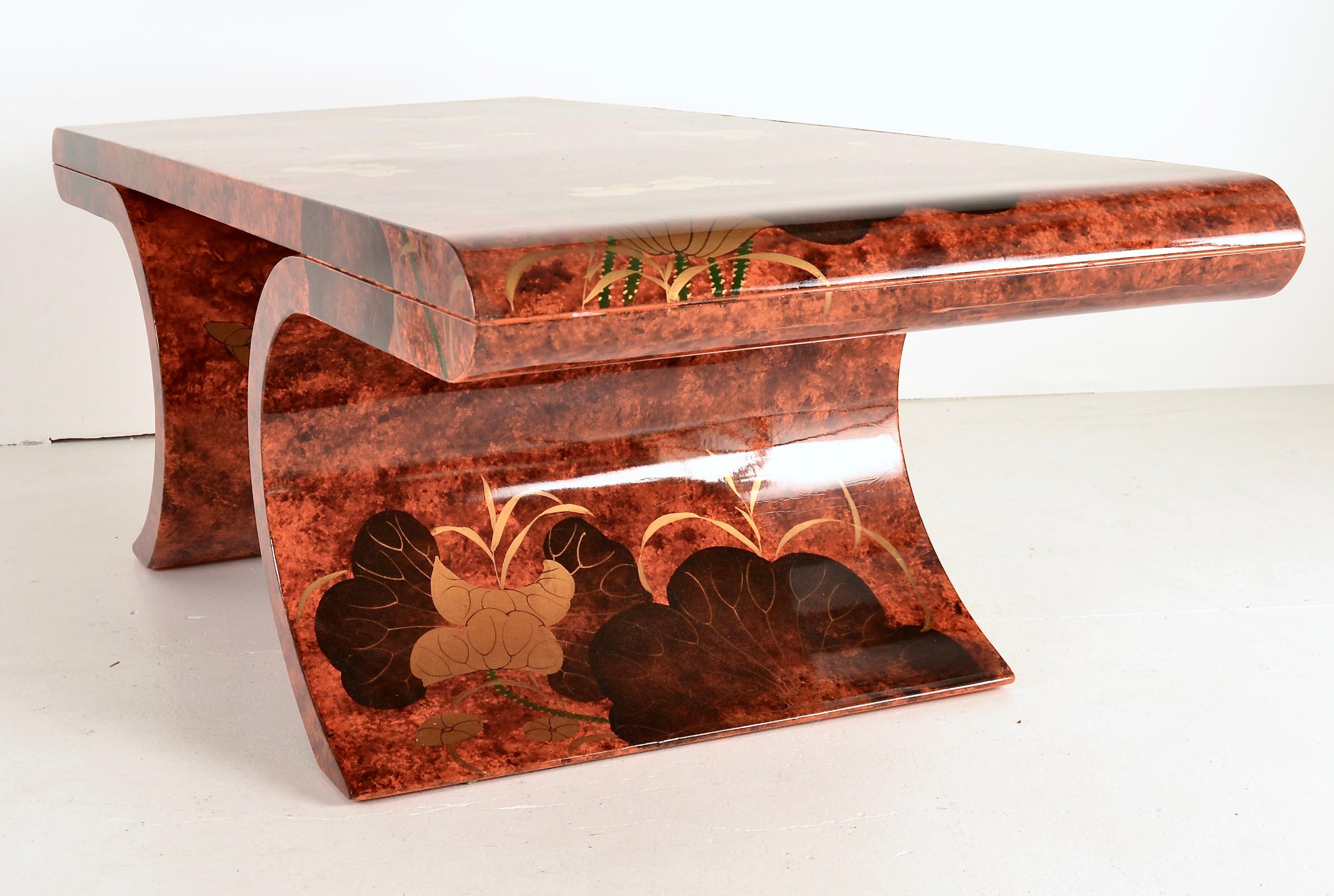 Lacquered Hand Decorated Lacquer on Wood Cocktail Table, c 1980s For Sale