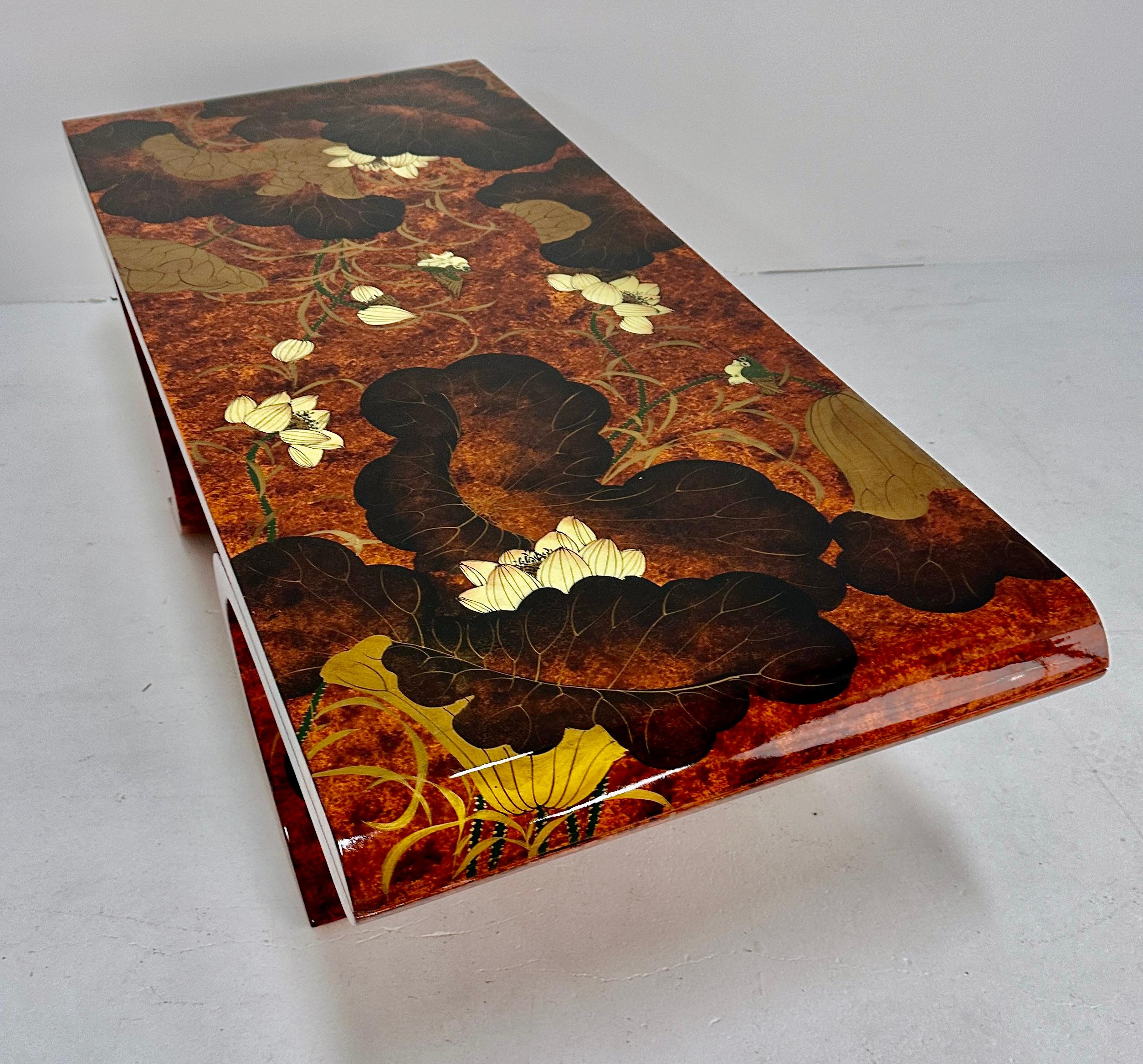 Hand Decorated Lacquer on Wood Cocktail Table, c 1980s In Good Condition For Sale In Norwalk, CT