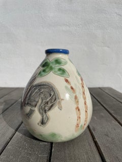 1950s Hand-Decorated Vase with Elephants, Palmtrees, Leaves