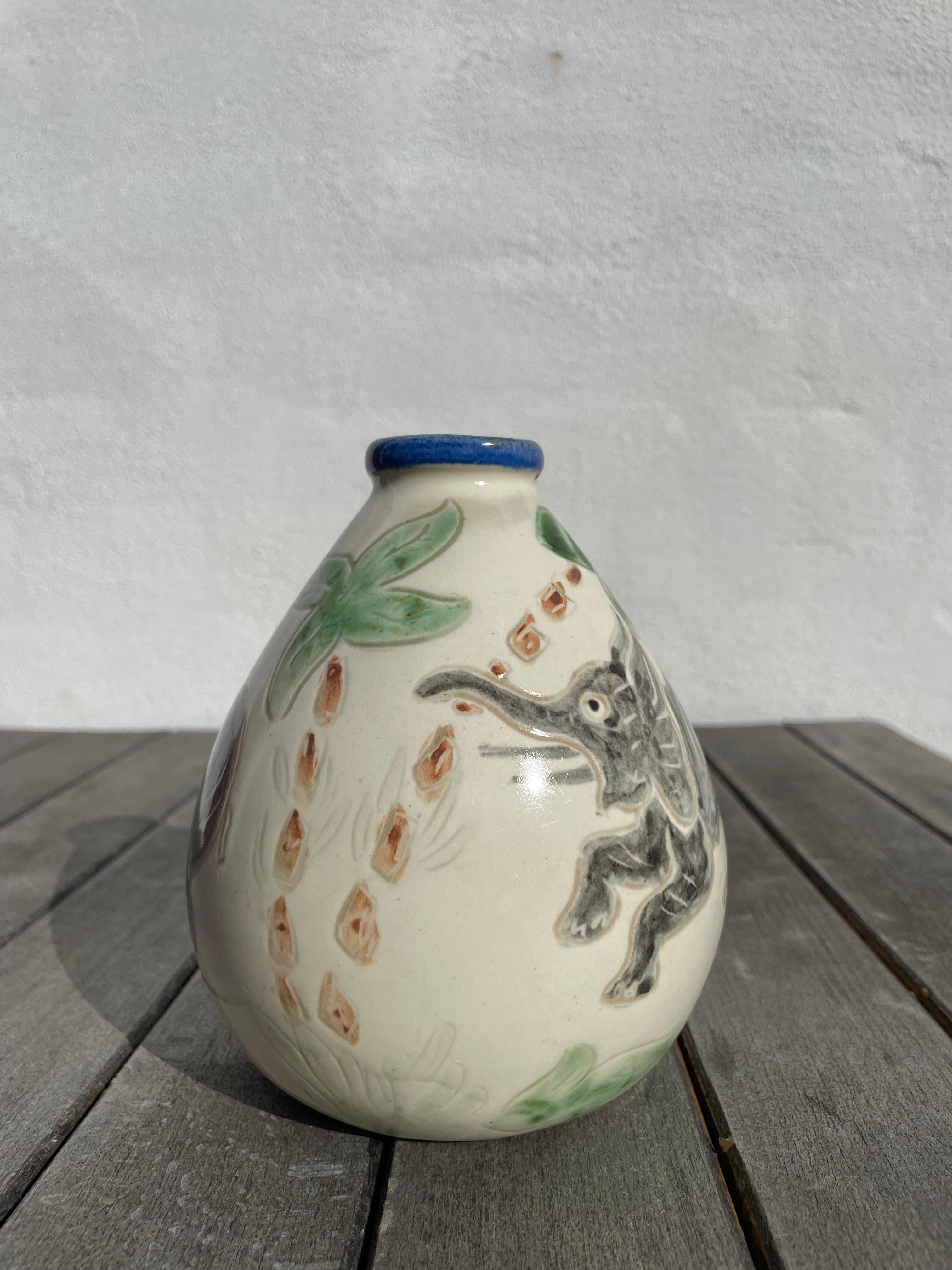 Mid-Century Modern Grimstrup Hand-Decorated Vase with Elephants, Palmtrees, Leaves, 1950s For Sale
