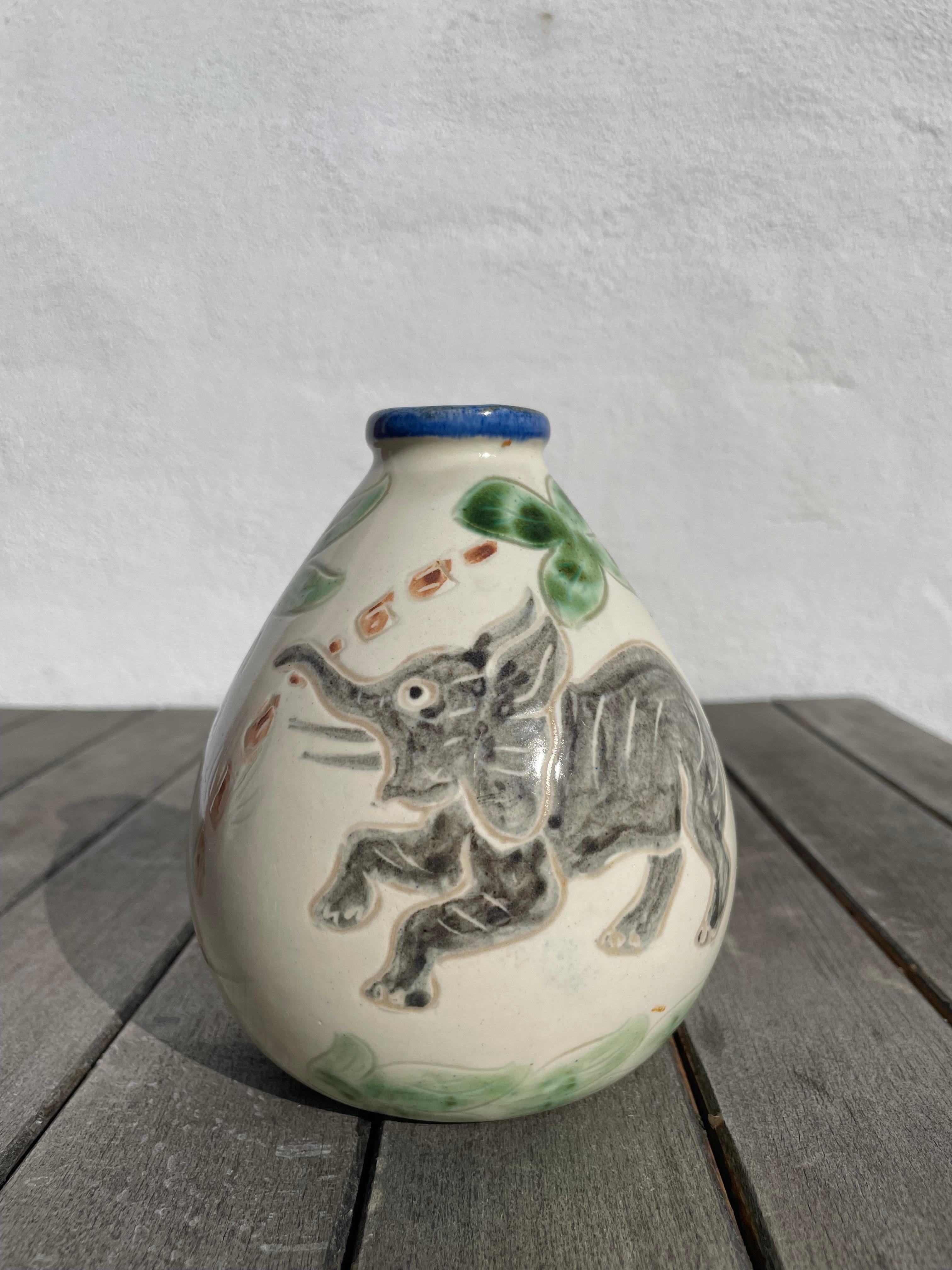 Danish Grimstrup Hand-Decorated Vase with Elephants, Palmtrees, Leaves, 1950s For Sale