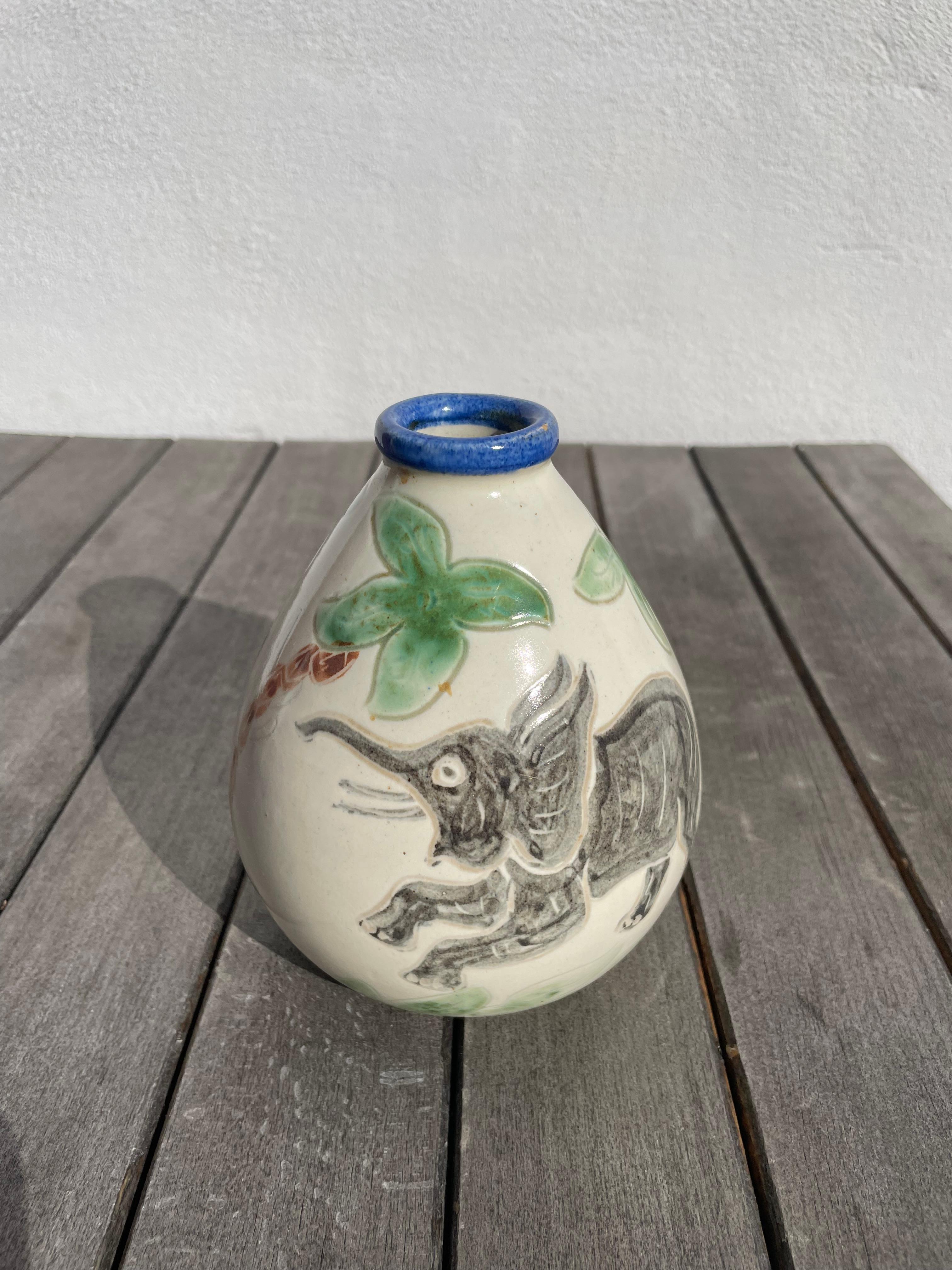 Hand-Painted Grimstrup Hand-Decorated Vase with Elephants, Palmtrees, Leaves, 1950s For Sale