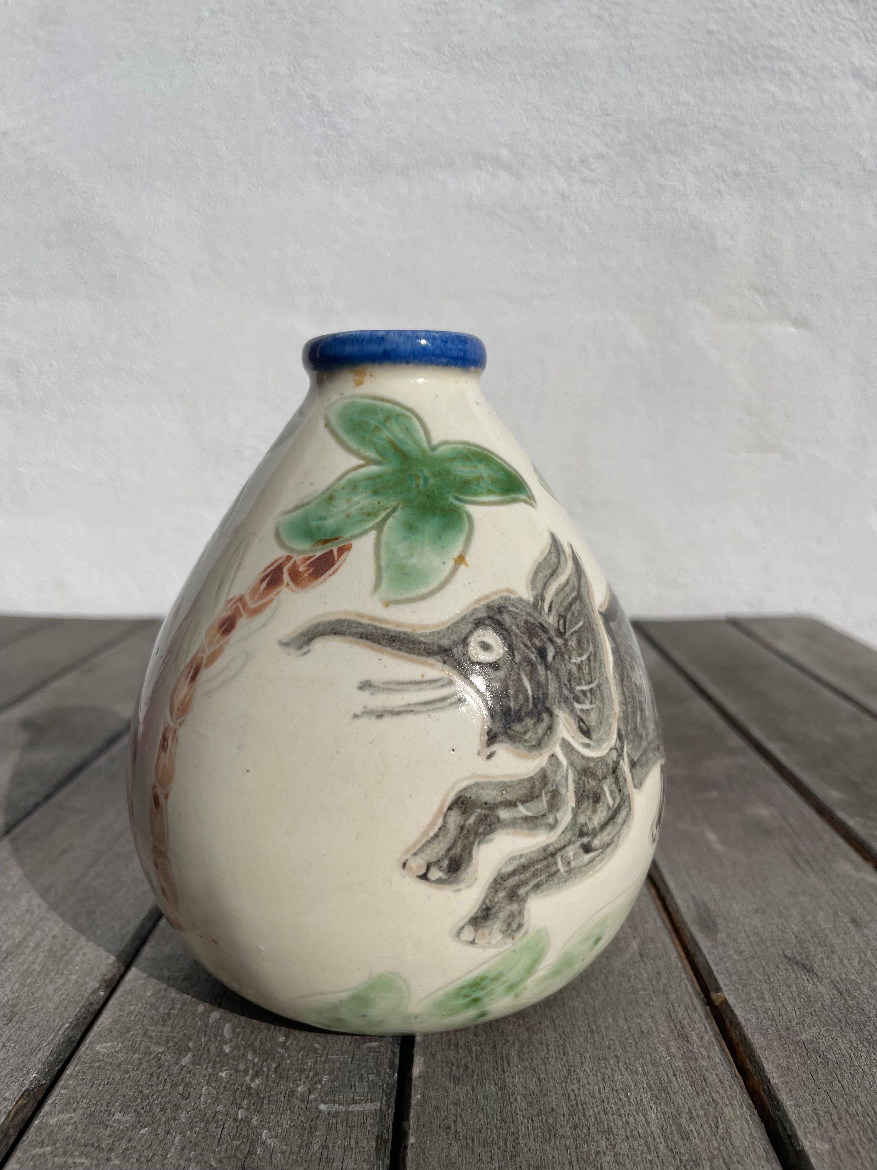 20th Century Grimstrup Hand-Decorated Vase with Elephants, Palmtrees, Leaves, 1950s For Sale
