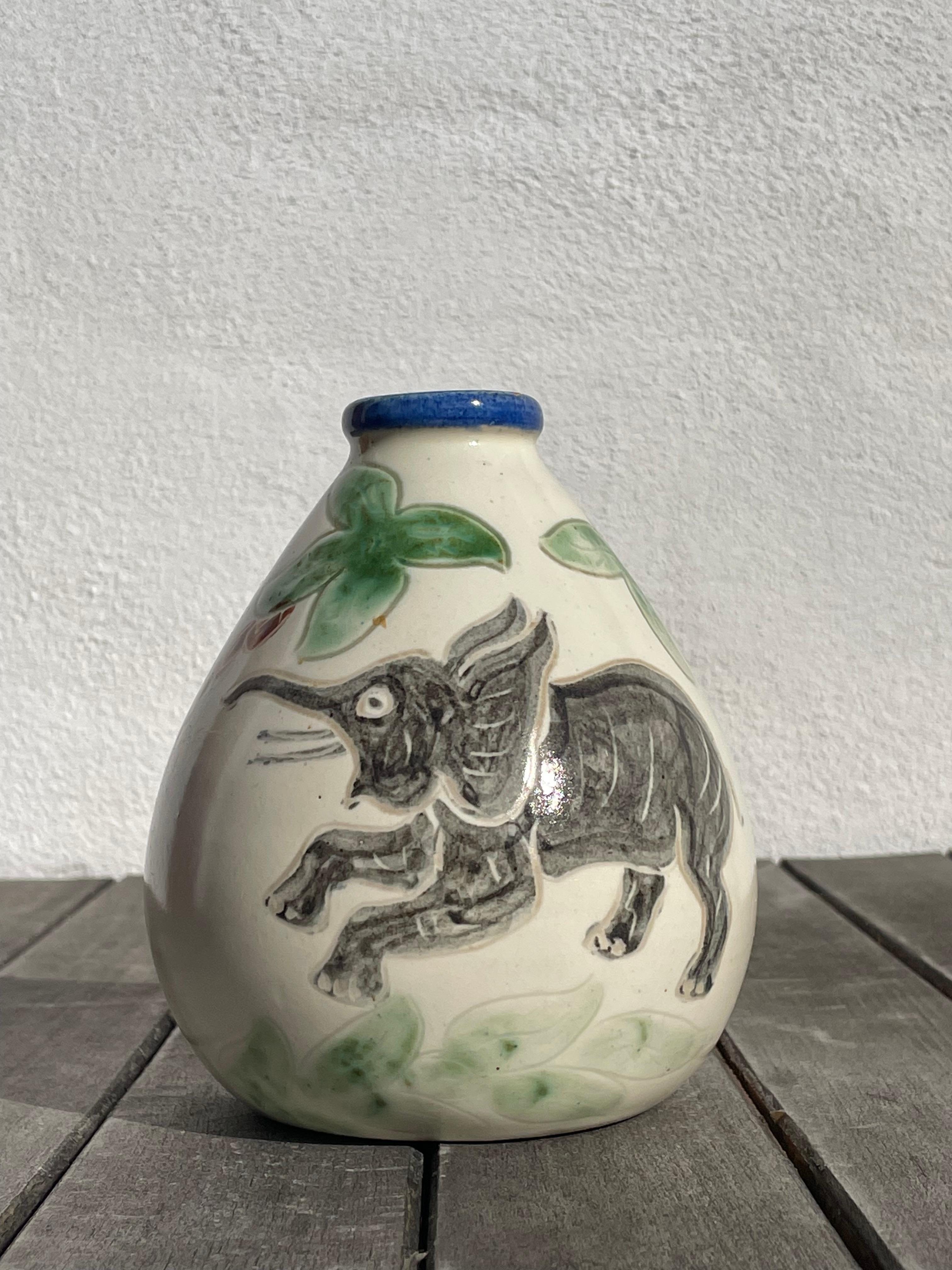 Ceramic Grimstrup Hand-Decorated Vase with Elephants, Palmtrees, Leaves, 1950s For Sale