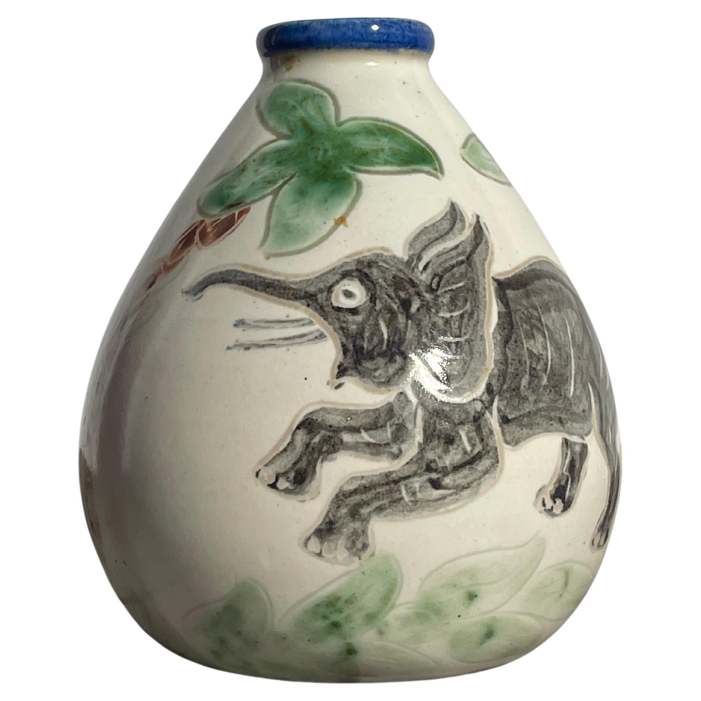 1950s Hand-Decorated Vase with Elephants, Palmtrees, Leaves