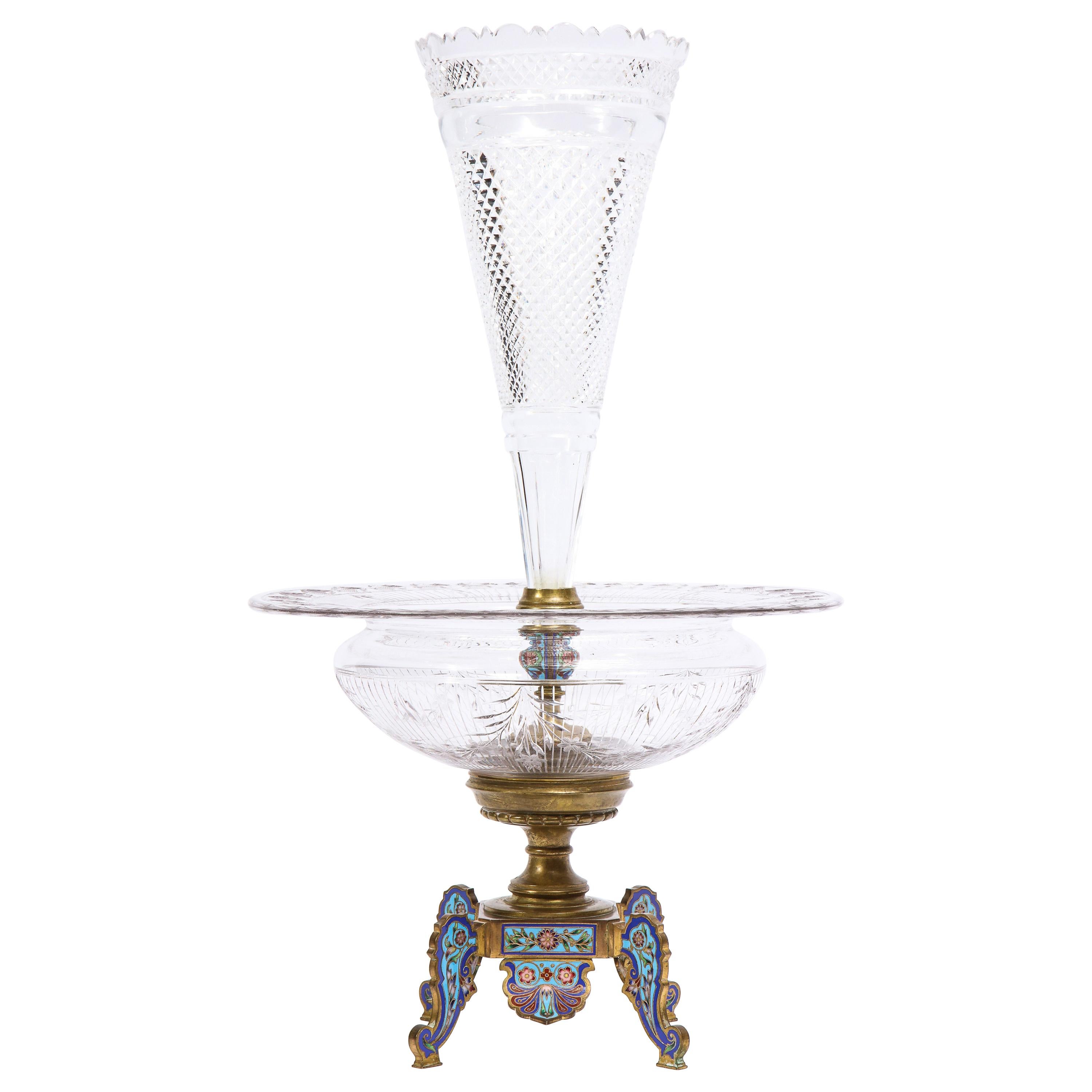 Hand-Diamond Cut and Champleve Enamel Signed Baccarat Centerpiece/Floral Vase For Sale