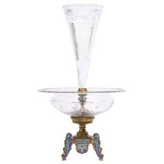Antique Hand-Diamond Cut and Champleve Enamel Signed Baccarat Centerpiece/Floral Vase