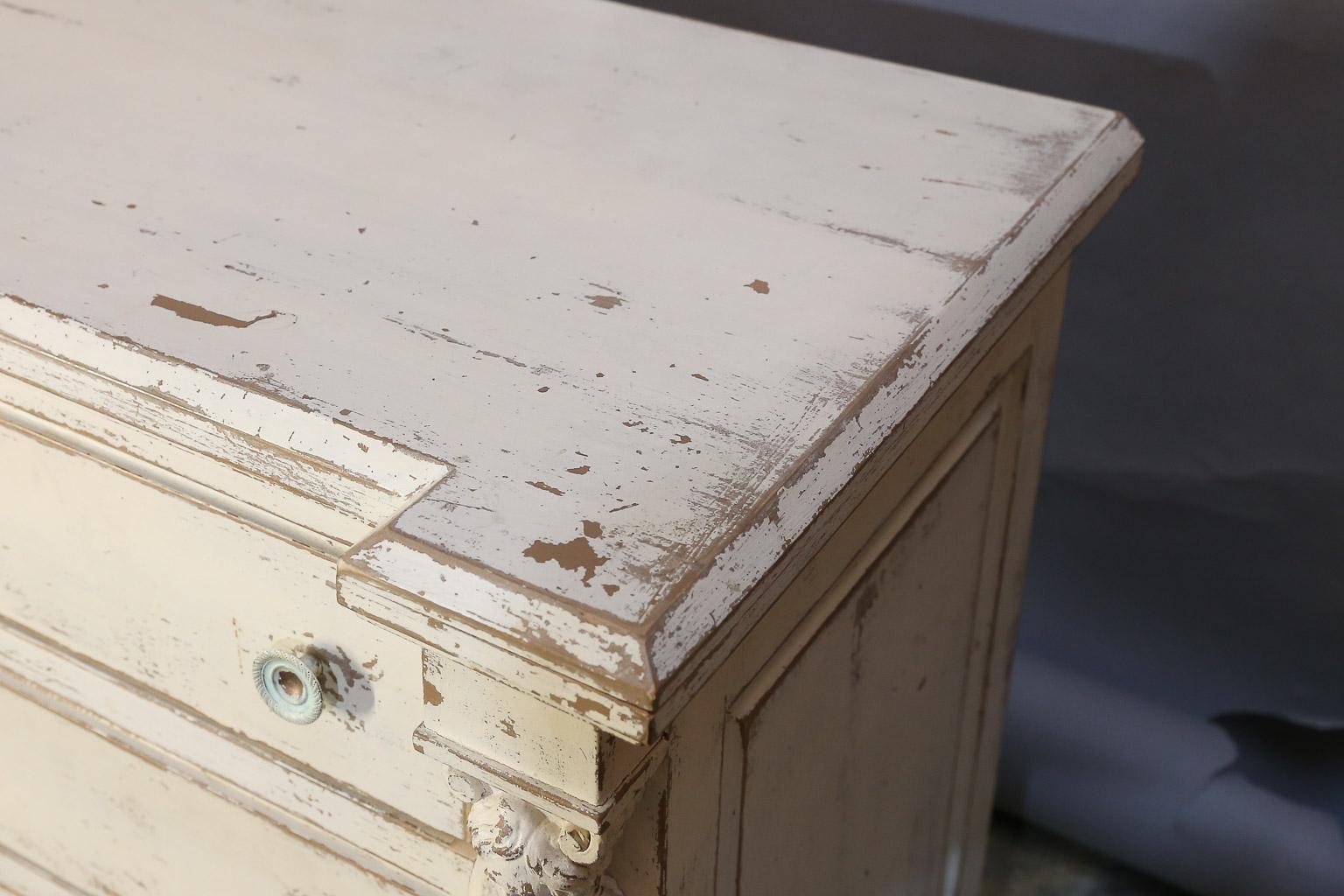 Distressed  Neoclassical-style White Painted Chest of Drawers For Sale 4