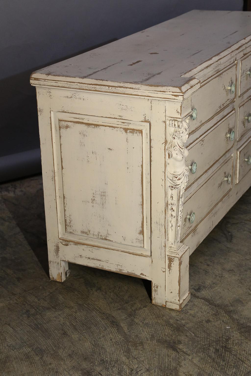 French Distressed  Neoclassical-style White Painted Chest of Drawers For Sale