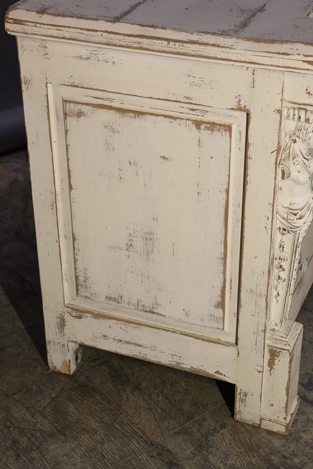 Distressed  Neoclassical-style White Painted Chest of Drawers In Distressed Condition For Sale In Houston, TX
