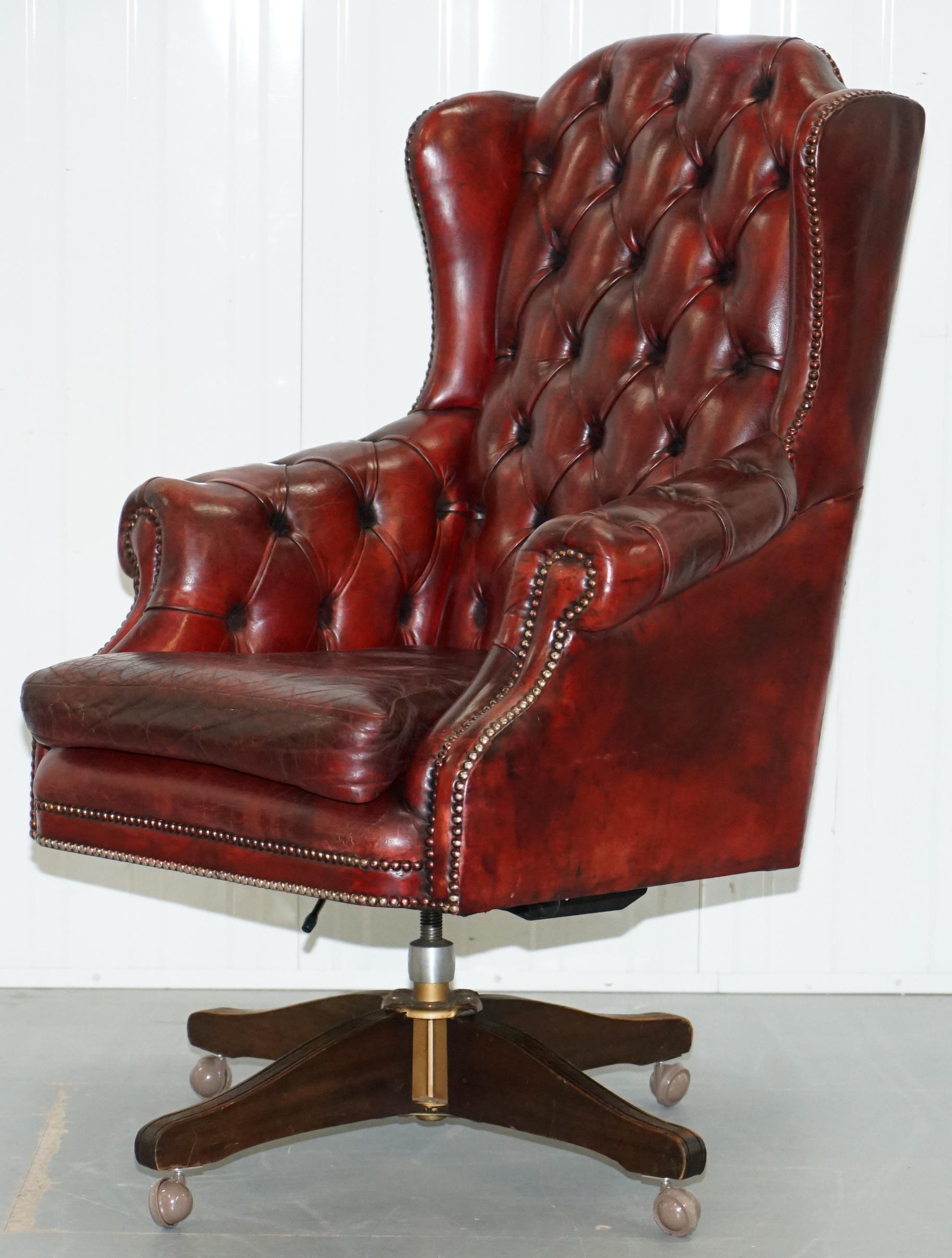 We are delighted to offer for sale this lovely hand dyed 1960's horsehair padded with coil sprung base Chesterfield captains chair

In terms of the condition the leather has a lovely vintage patina, it looks good enough to eat from every angle, we