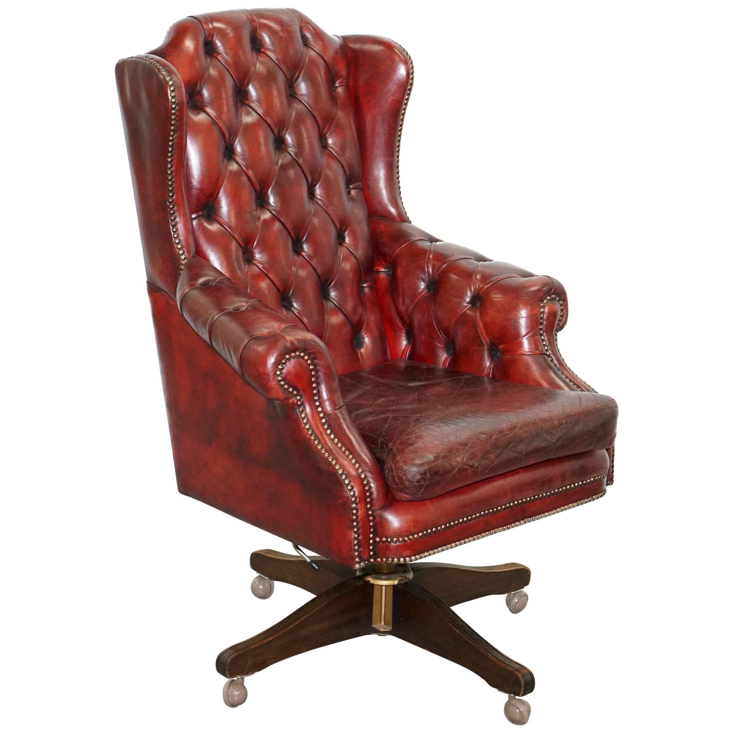 Hand Dyed 1960s Chesterfield Oxblood Leather Directors Captains Office Chair