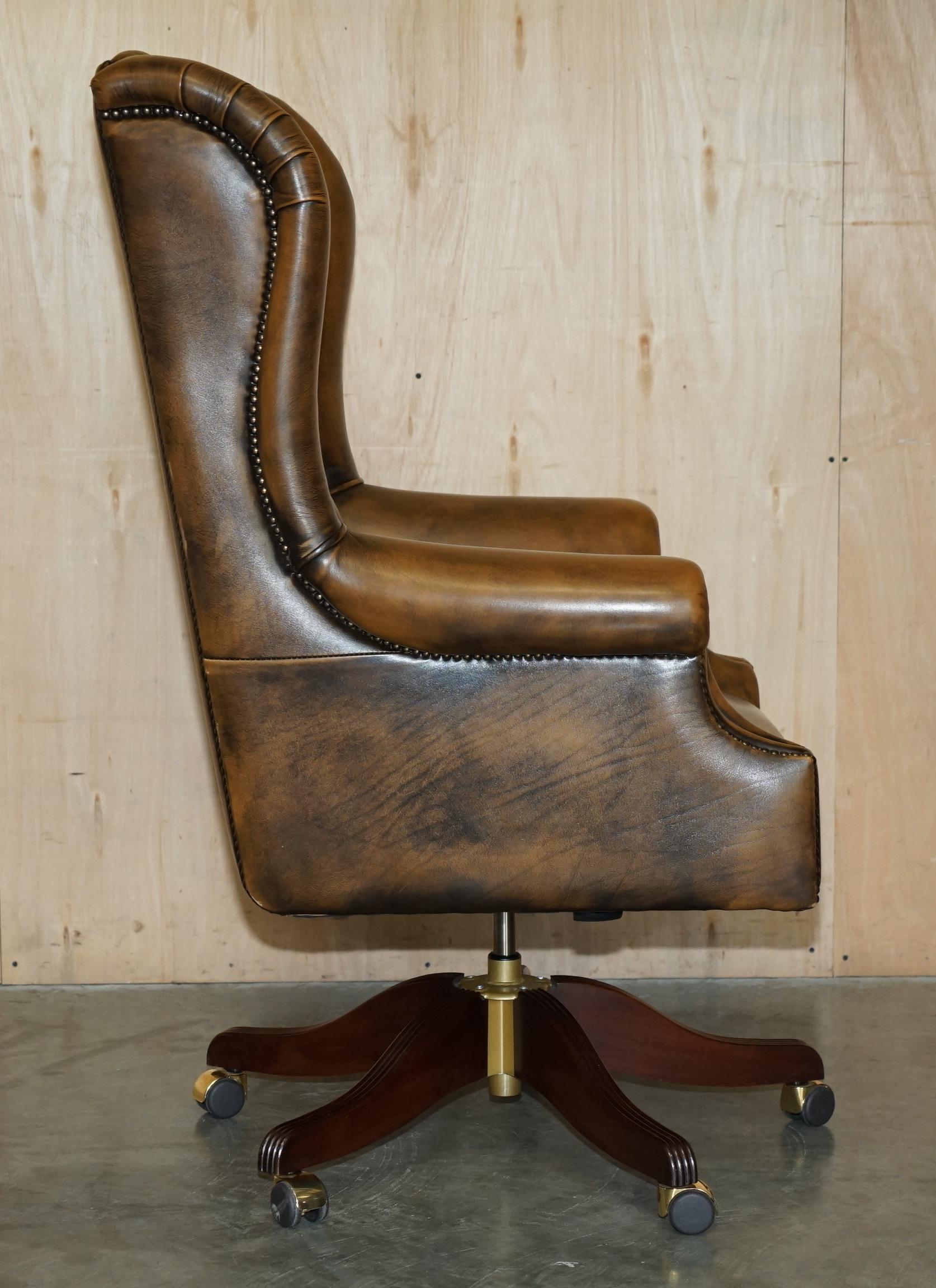 HAND DYED AGED BROWN LEATHER CHESTERFIELD WiNGBACK OFFICE SWIVEL ARMCHAIR 5