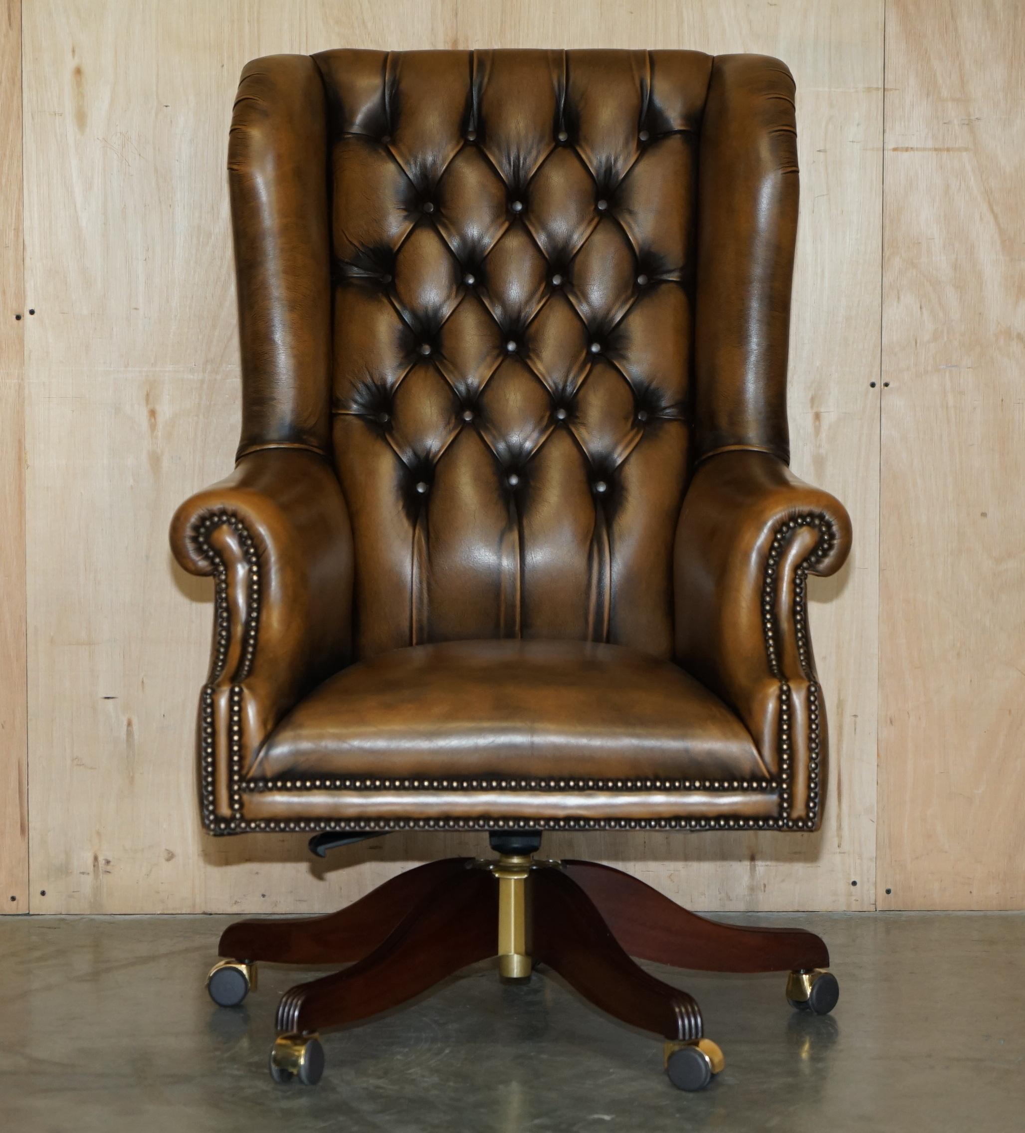 Royal House Antiques

Royal House Antiques is delighted to offer for sale this stunning lightly restored hand dyed cigar brown leather very large Chesterfield Wingback office chair with original leather and patina.

Please note the delivery fee