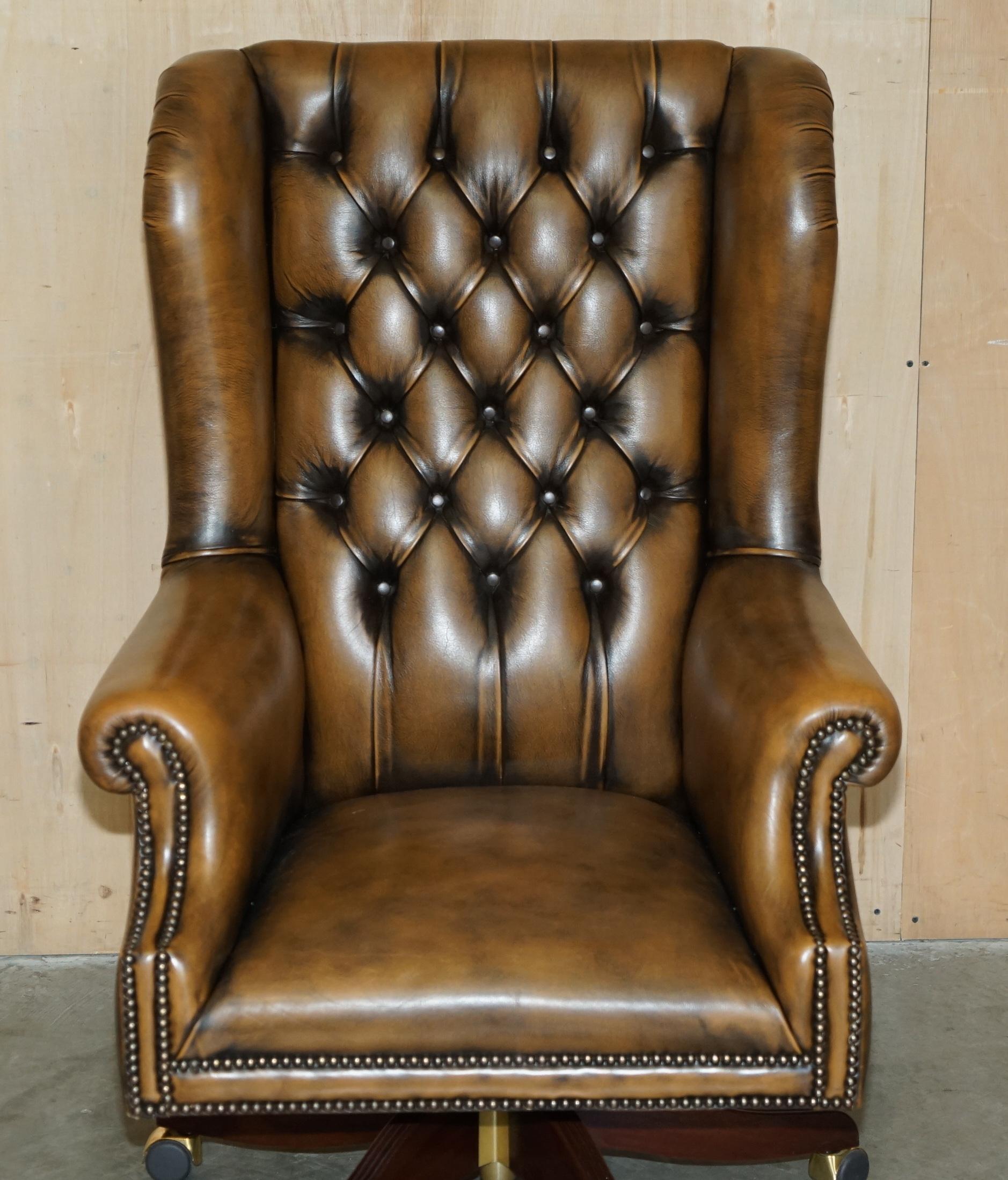 Art Deco HAND DYED AGED BROWN LEATHER CHESTERFIELD WiNGBACK OFFICE SWIVEL ARMCHAIR