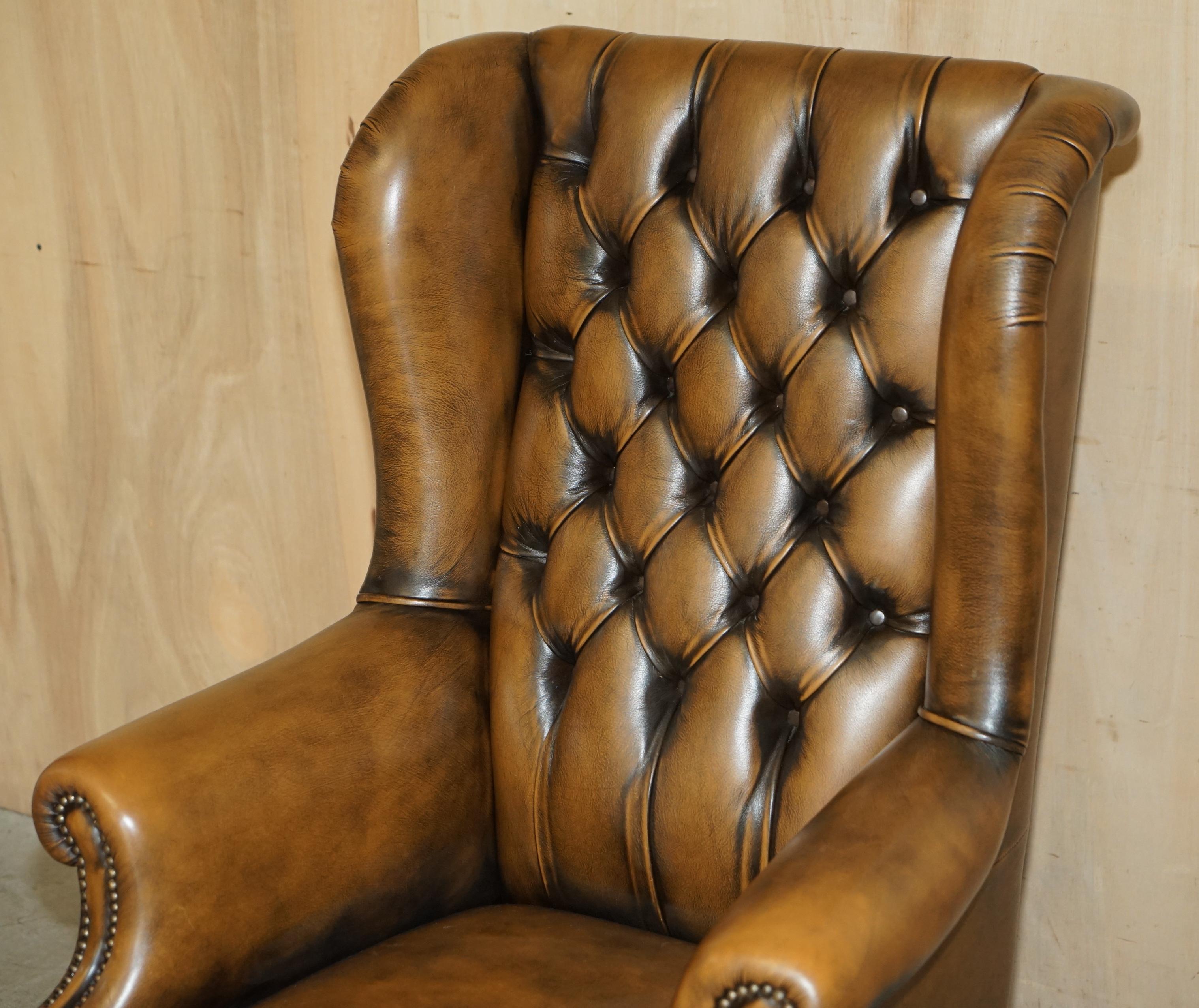 English HAND DYED AGED BROWN LEATHER CHESTERFIELD WiNGBACK OFFICE SWIVEL ARMCHAIR