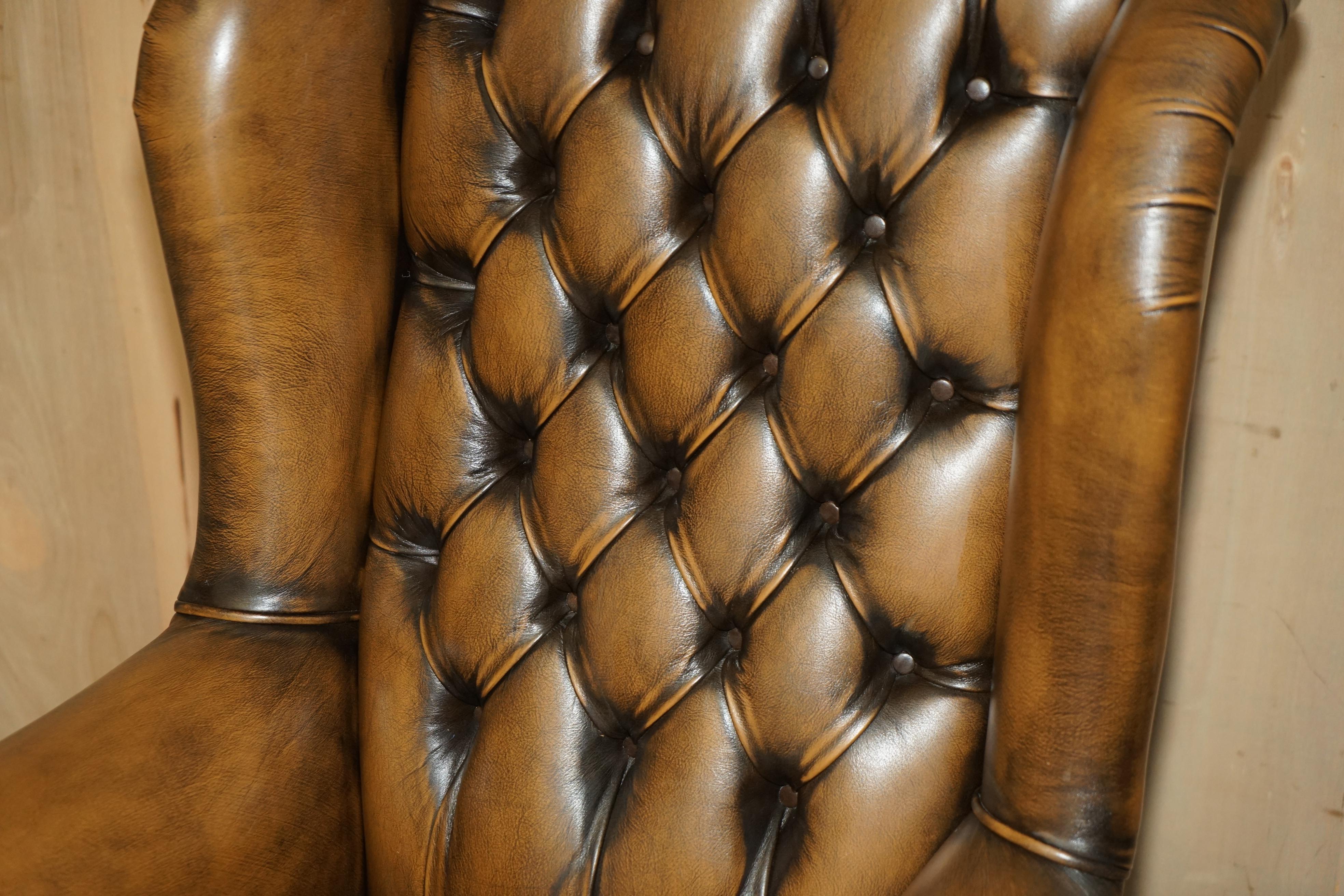 Hand-Crafted HAND DYED AGED BROWN LEATHER CHESTERFIELD WiNGBACK OFFICE SWIVEL ARMCHAIR