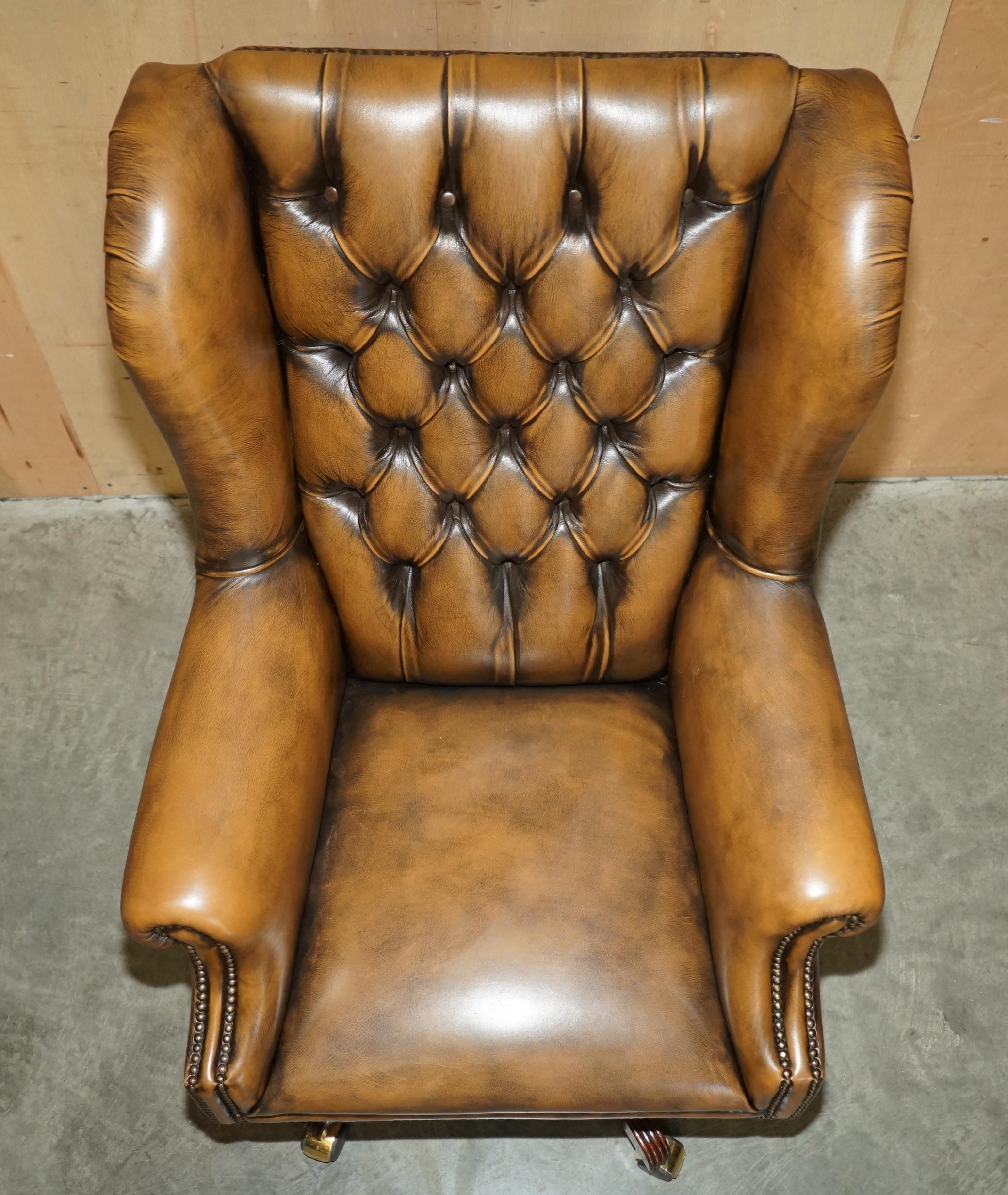 20th Century HAND DYED AGED BROWN LEATHER CHESTERFIELD WiNGBACK OFFICE SWIVEL ARMCHAIR