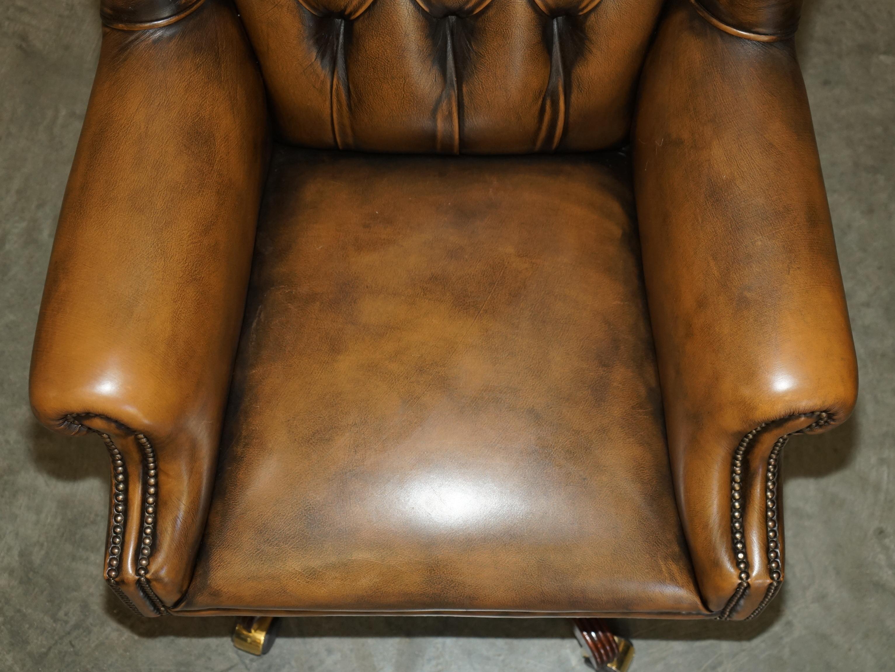 Leather HAND DYED AGED BROWN LEATHER CHESTERFIELD WiNGBACK OFFICE SWIVEL ARMCHAIR