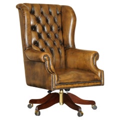 HAND DYED AGED BROWN LEATHER CHESTERFIELD WiNGBACK OFFICE SWIVEL ARMCHAIR