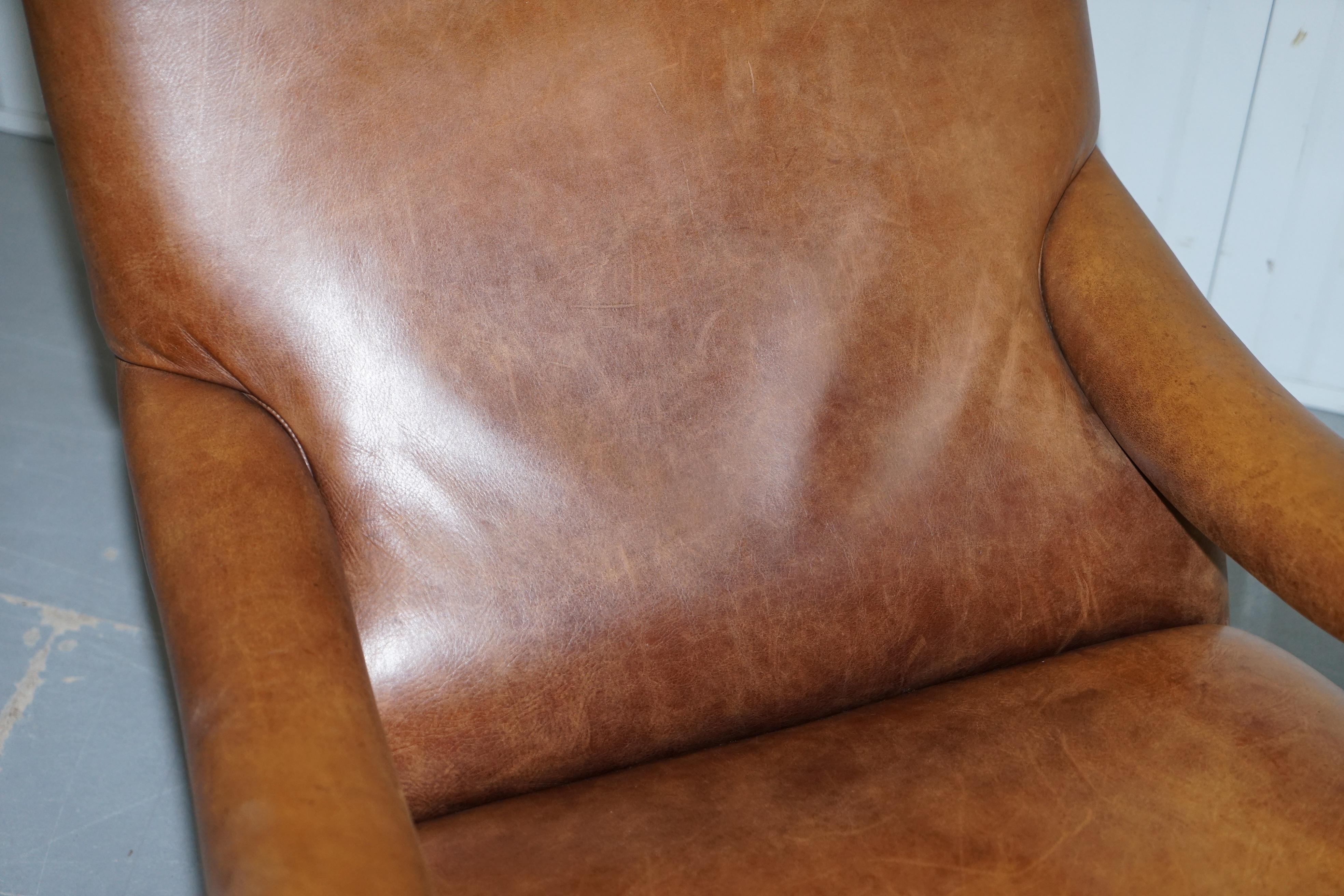 Victorian Hand Dyed Aged Brown Leather John Sankey Byron Slipper Armchair and Footstool