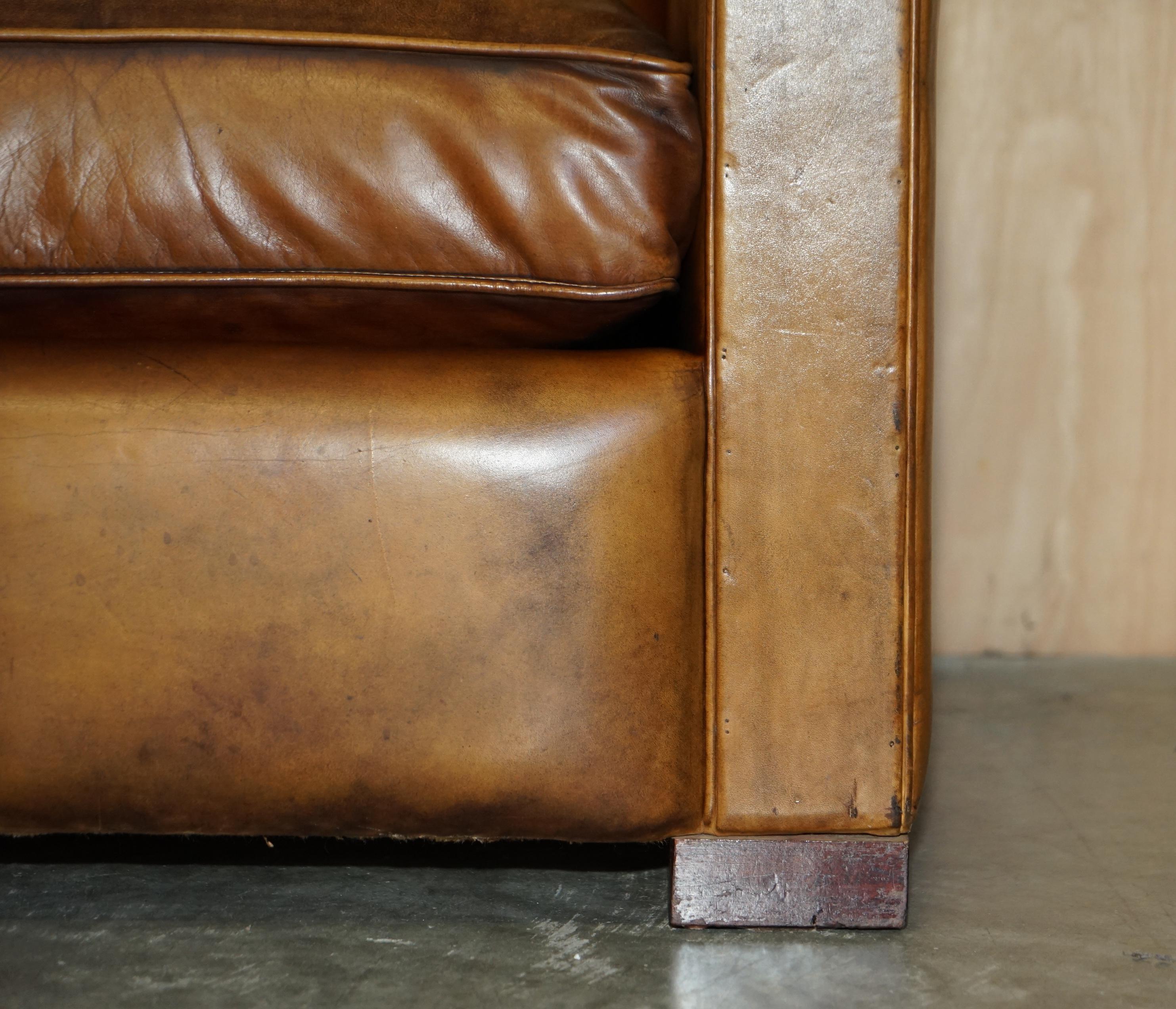 Handgefärbtes braunes Leder Art Deco Odeon-Stil Dreisitzer-Sofa mit Federn im Angebot 4