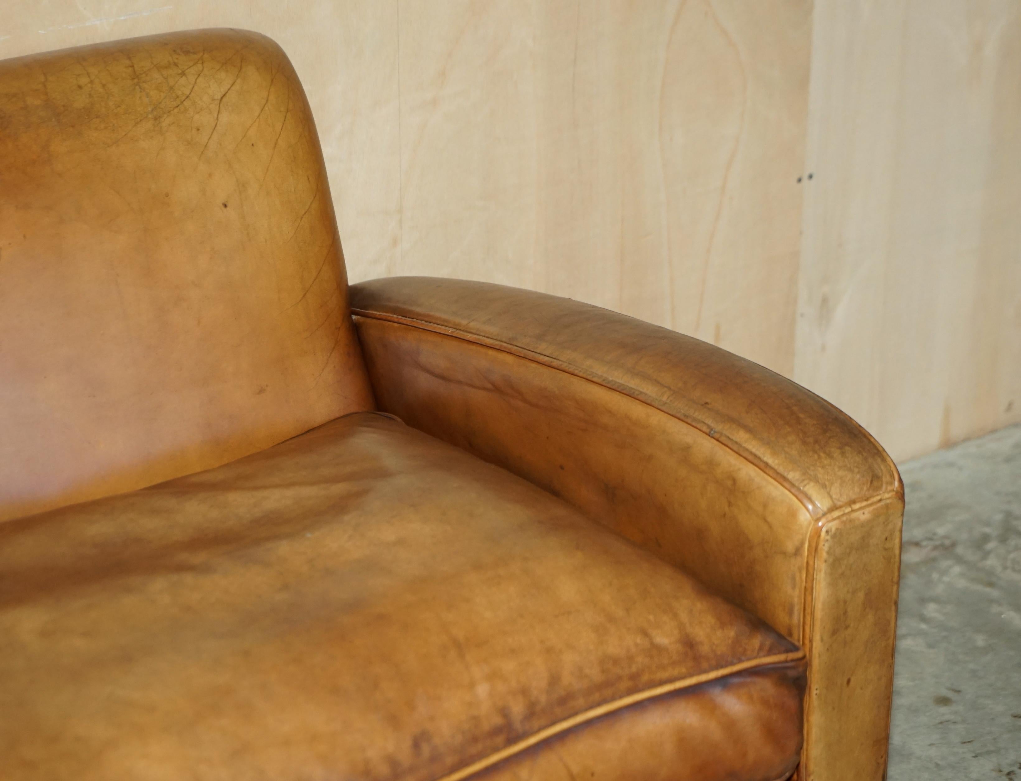 Hand Dyed Brown Leather Art Deco Odeon Style Three Seat Sofa Feather Filled Seat For Sale 7