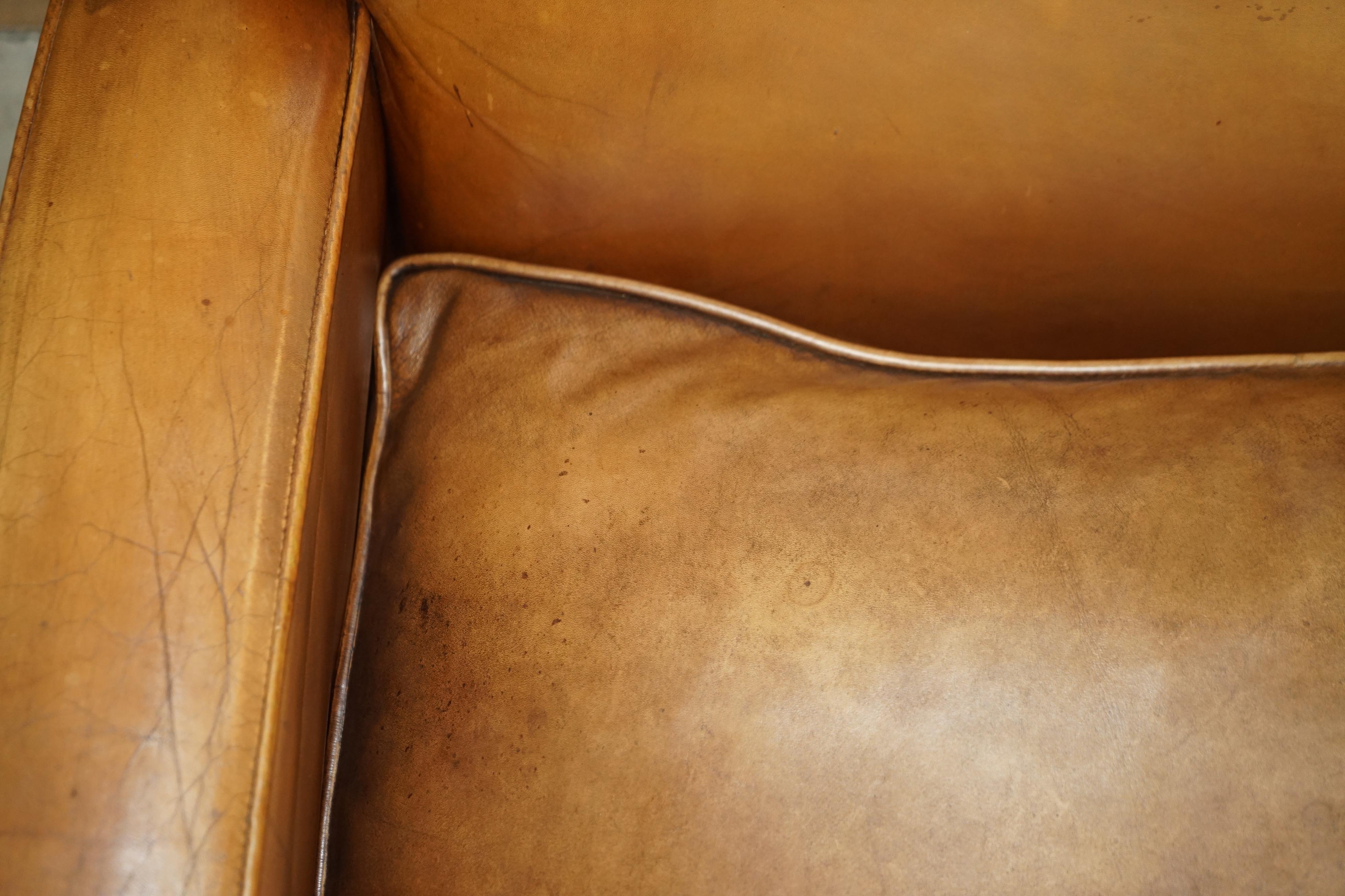 Handgefärbtes braunes Leder Art Deco Odeon-Stil Dreisitzer-Sofa mit Federn im Angebot 6