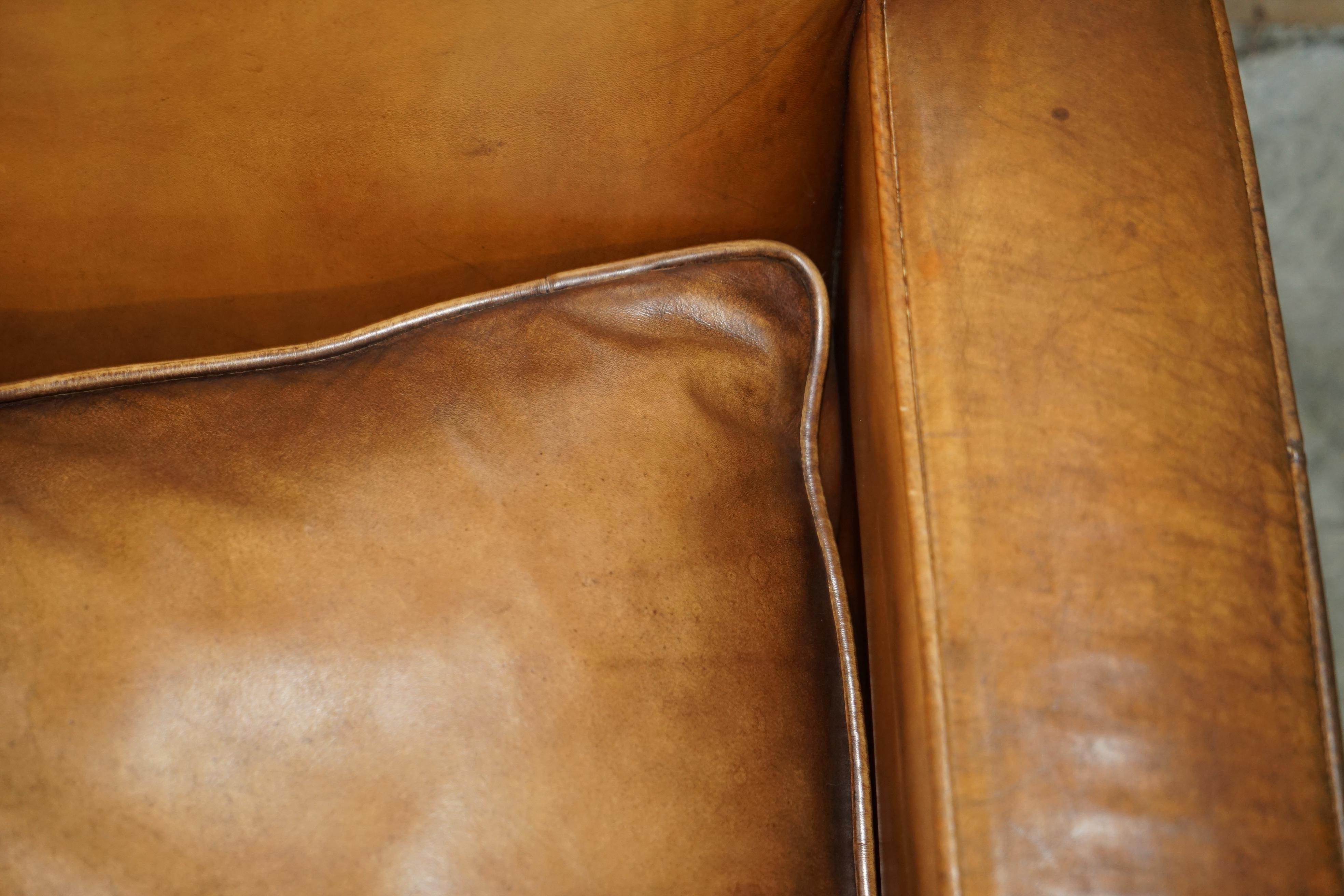 Handgefärbtes braunes Leder Art Deco Odeon-Stil Dreisitzer-Sofa mit Federn im Angebot 8