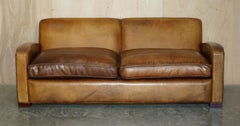 Hand Dyed Brown Leather Art Deco Odeon Style Three Seat Sofa Feather Filled Seat