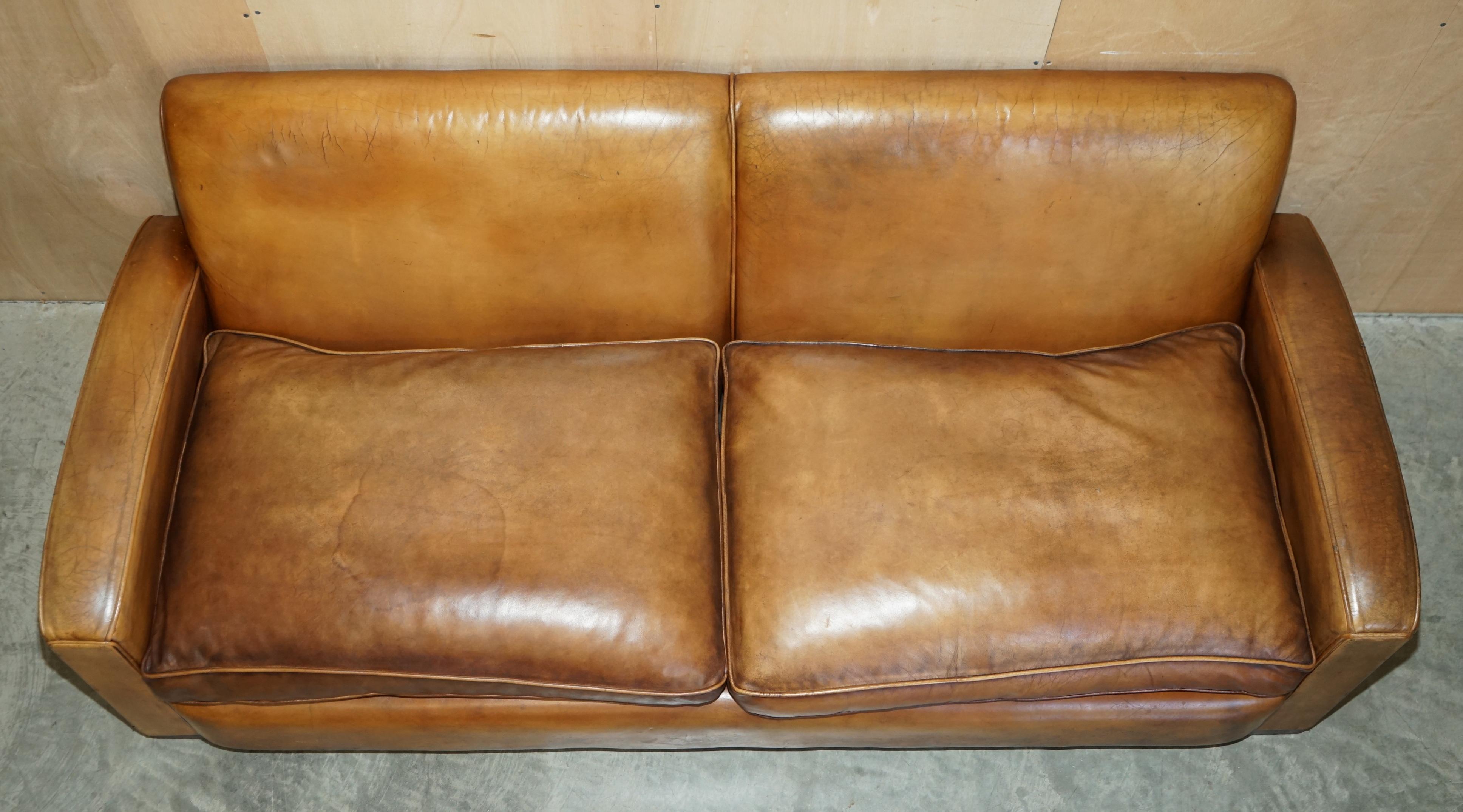 Hand Dyed Brown Leather Art Deco Odeon Style Three Seat Sofa Feather Filled Seat For Sale 15