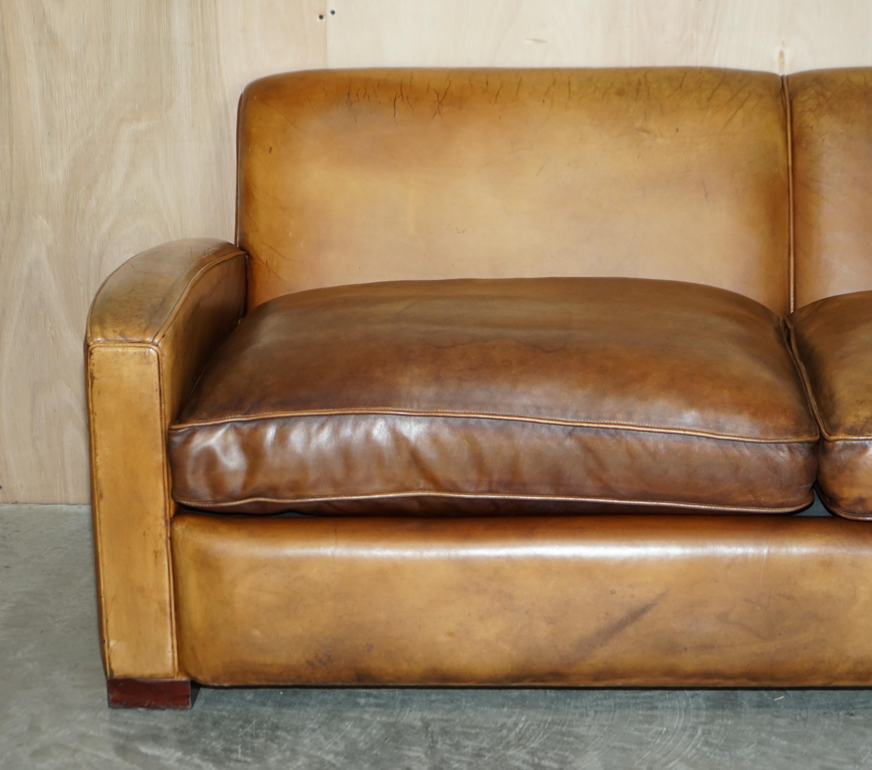 English Hand Dyed Brown Leather Art Deco Odeon Style Three Seat Sofa Feather Filled Seat For Sale