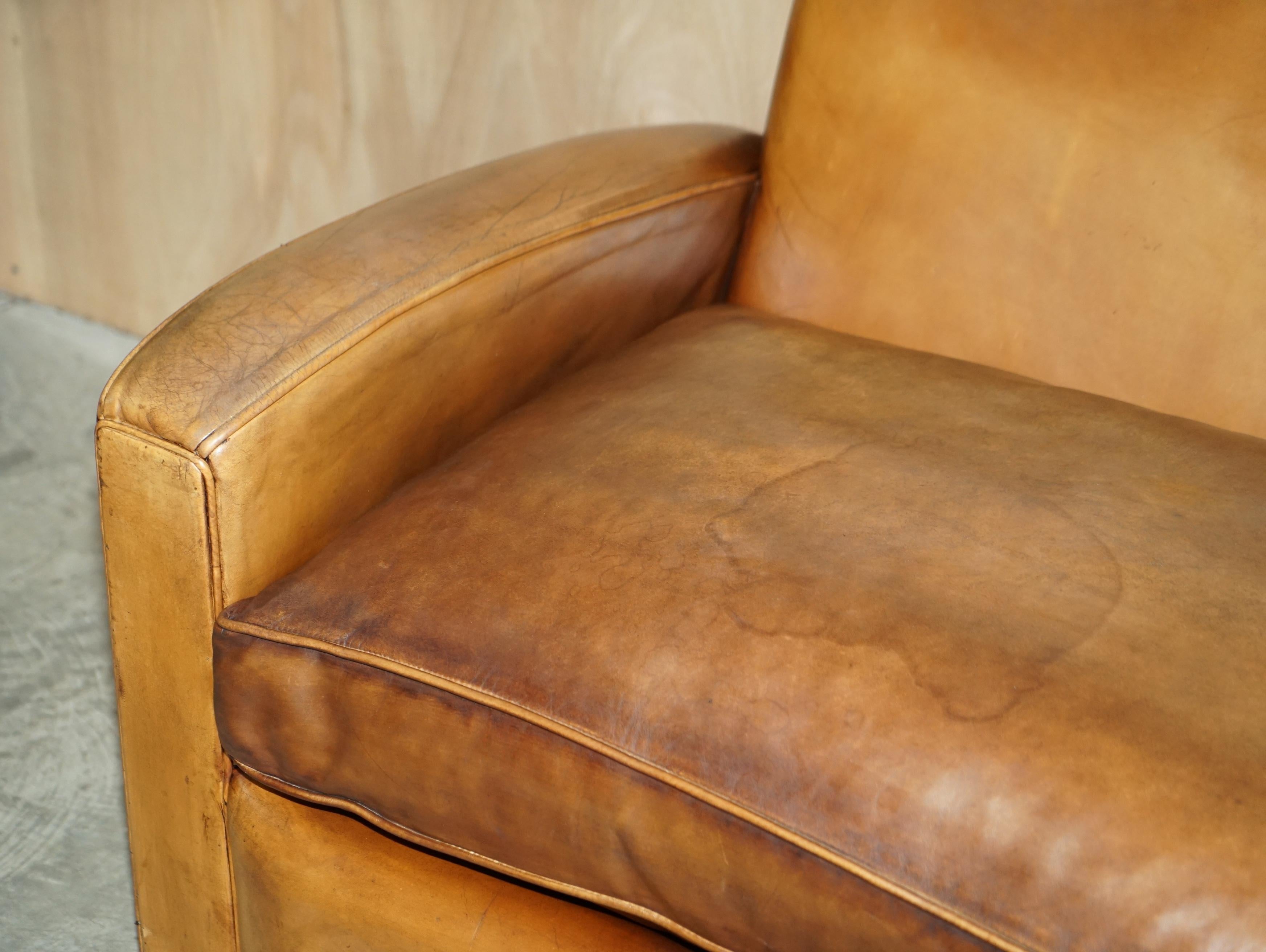 Hand Dyed Brown Leather Art Deco Odeon Style Three Seat Sofa Feather Filled Seat For Sale 2