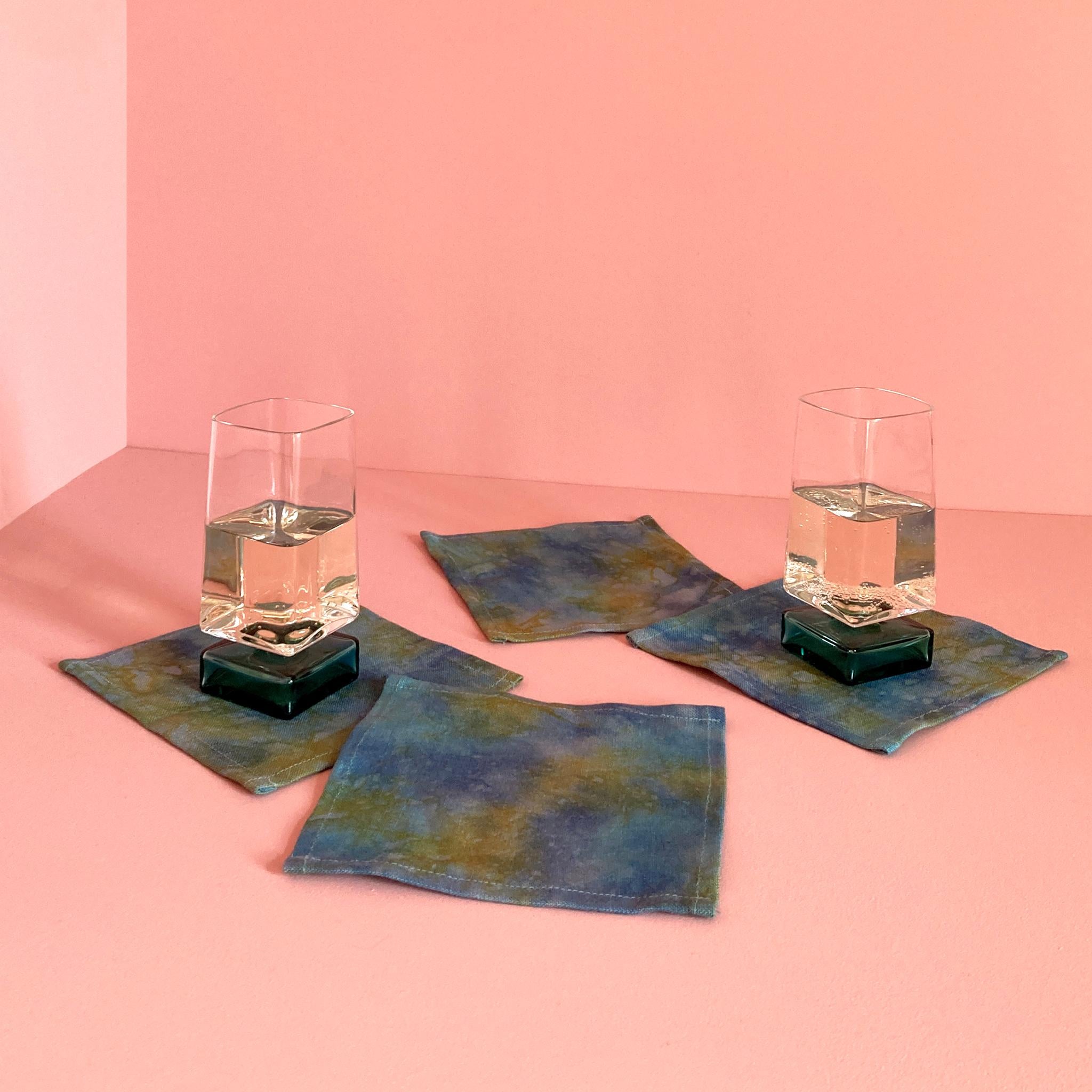 Hand Dyed Cocktail Napkins, Moonrise Abstract Pattern, Set of Four In New Condition For Sale In New York, NY