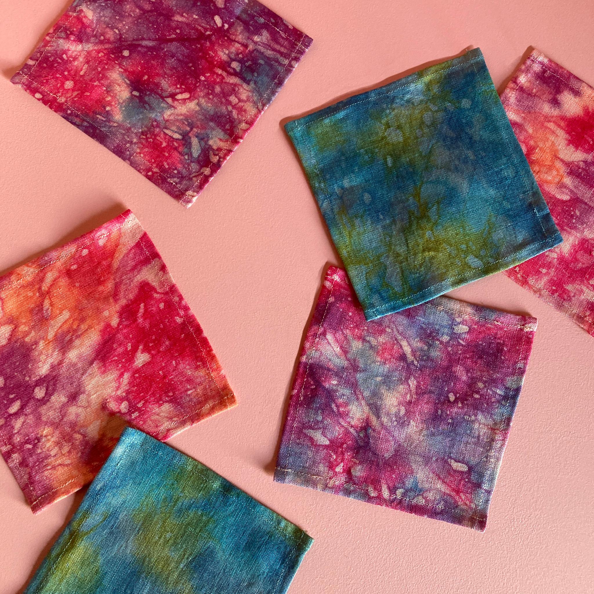 Contemporary Hand Dyed Cocktail Napkins, Moonrise Abstract Pattern, Set of Four For Sale