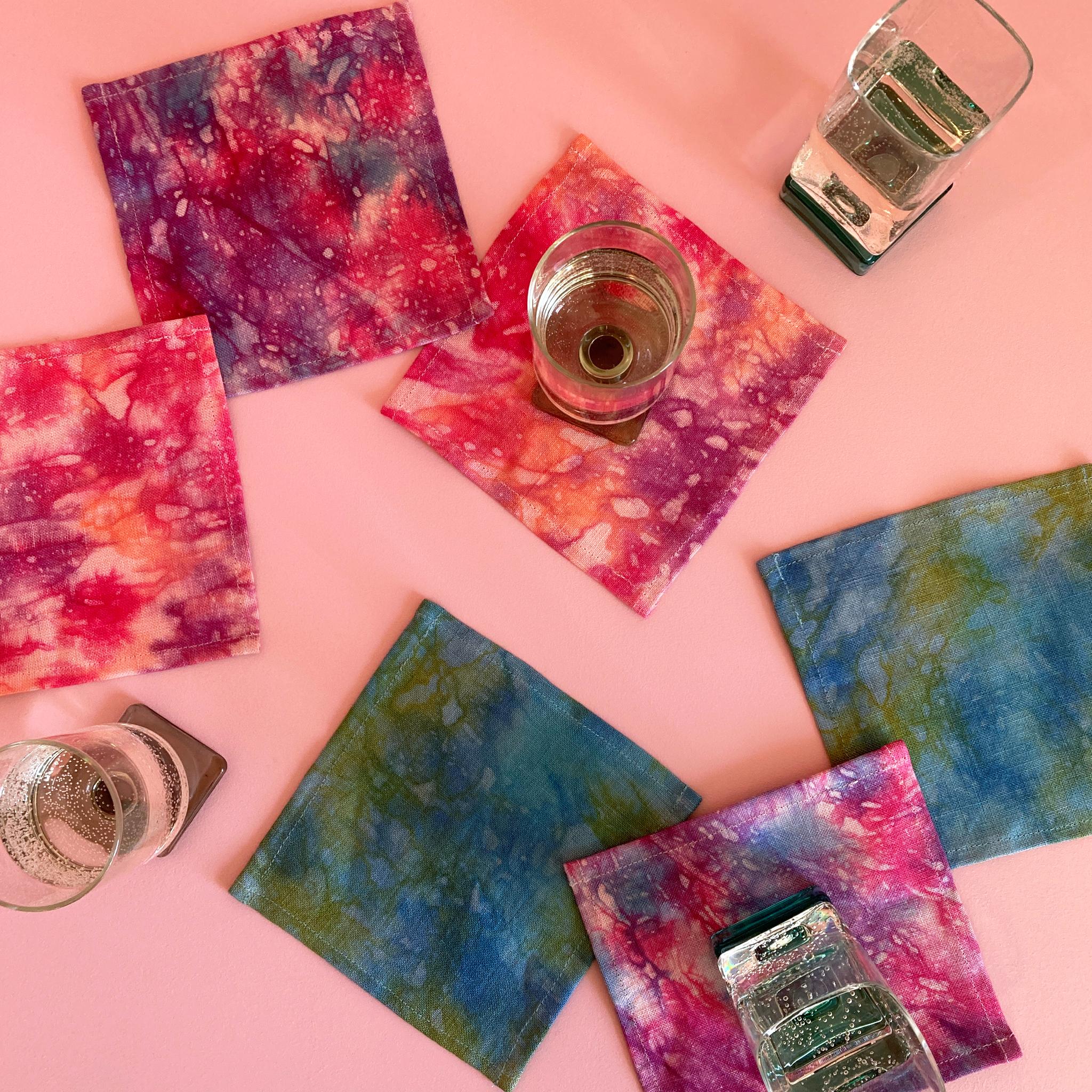 Nightfall linen cocktail napkins, set of four. Beautifully merging magenta, indigo and lavender dyes on linen. Sustainably hand-dyed in small batches and sewn in New York City. Napkins measure approximately 6 x 6 inches. Each linen napkin is hand
