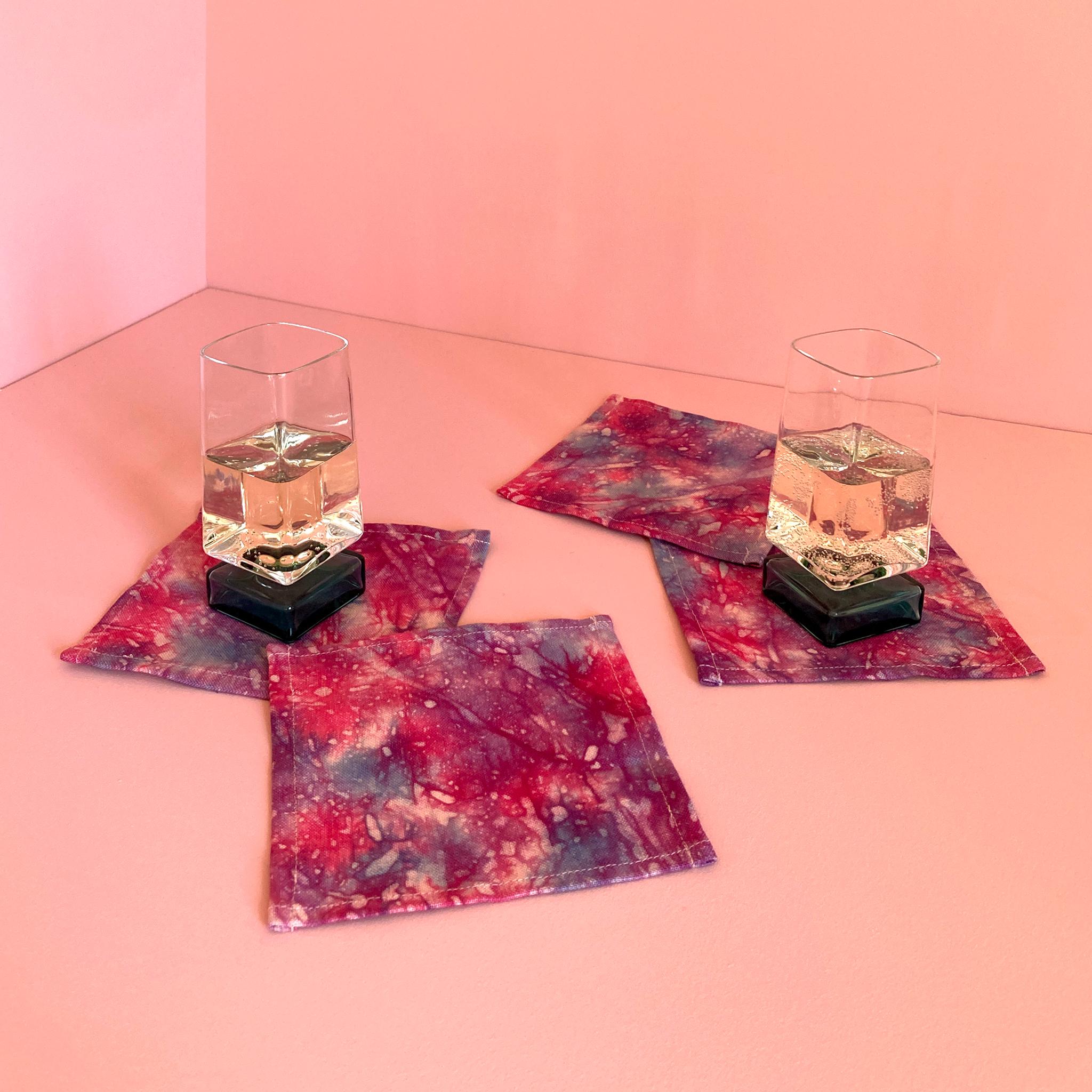 American Hand Dyed Cocktail Napkins, Nightfall Abstract Pattern, Set of Four For Sale