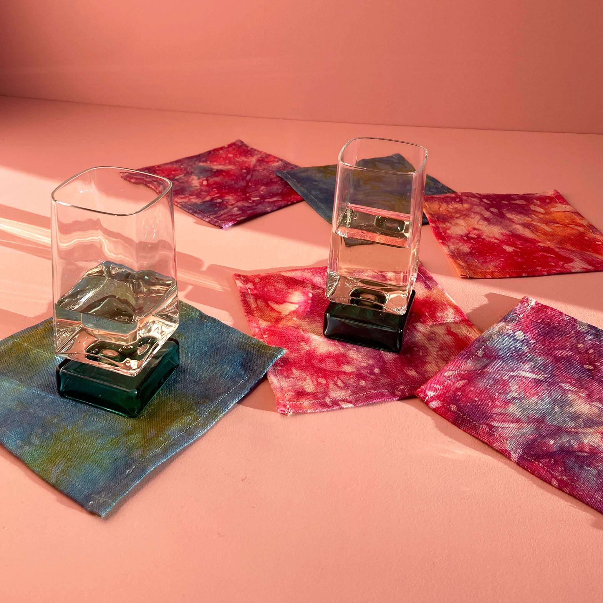 Hand Dyed Cocktail Napkins, Nightfall Abstract Pattern, Set of Four In New Condition For Sale In New York, NY